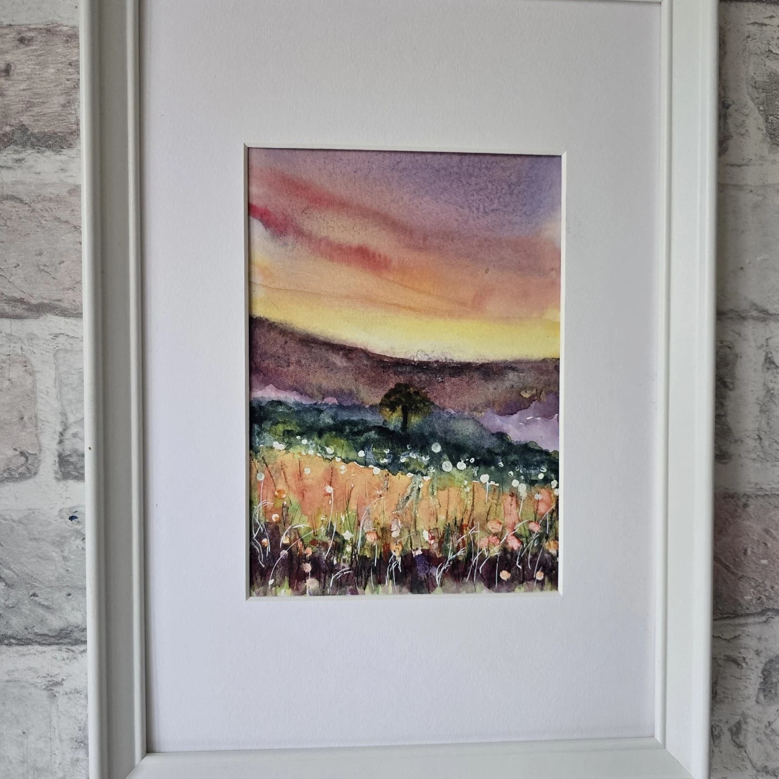Landscape Hills Sunset Wildflowers Tree Watercolour Painting Framed thumbnail 6