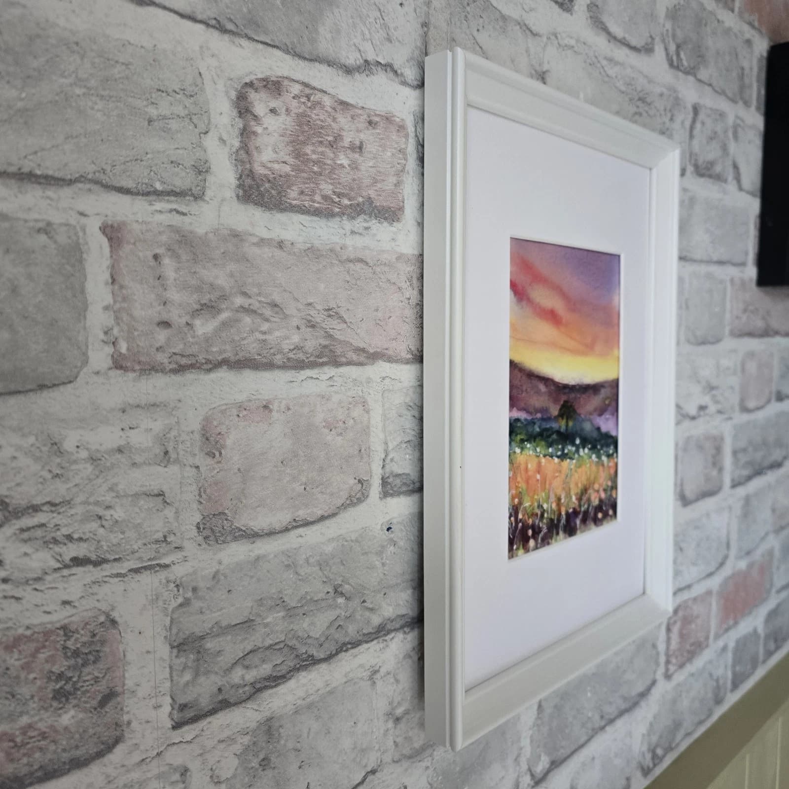 Landscape Hills Sunset Wildflowers Tree Watercolour Painting Framed thumbnail 7