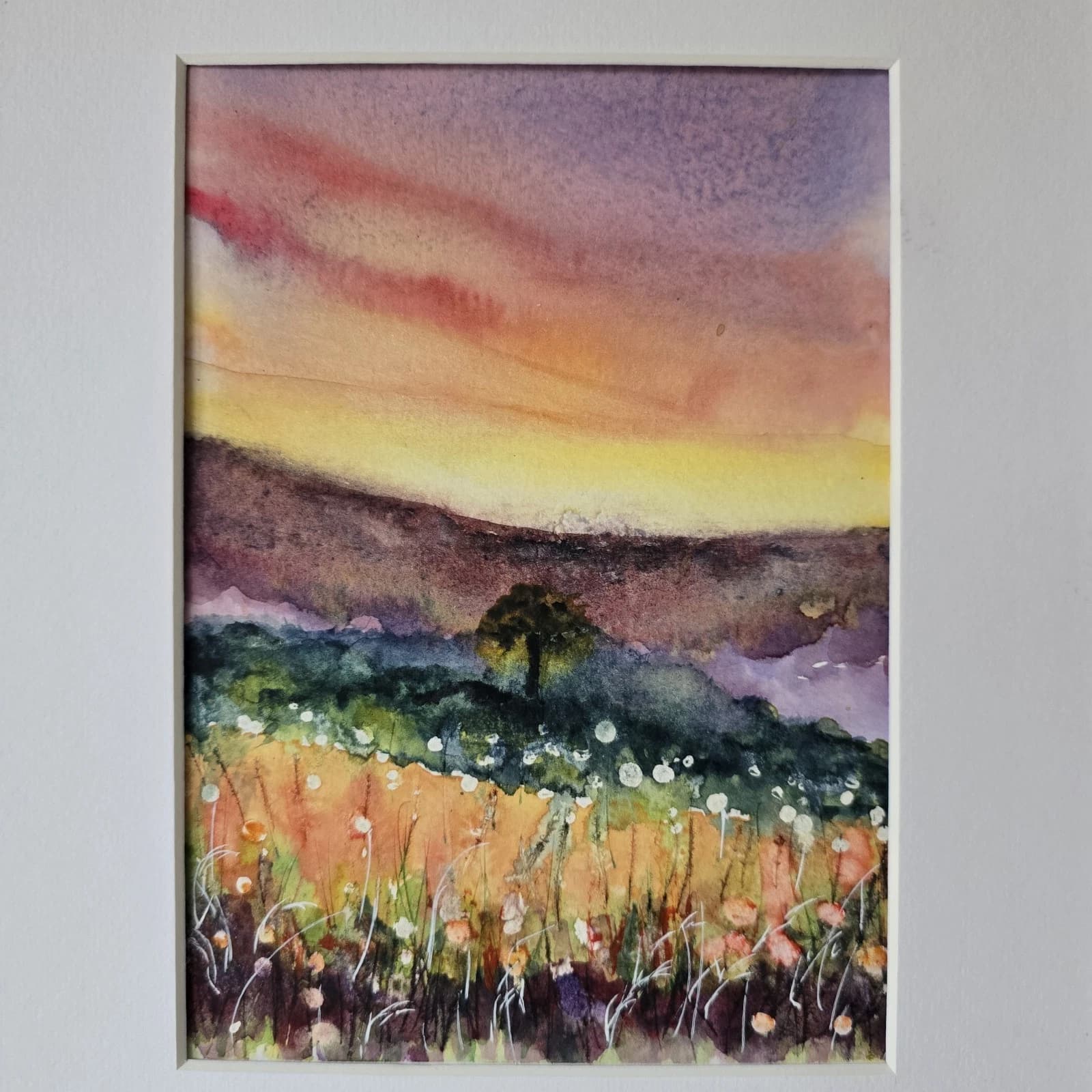 Landscape Hills Sunset Wildflowers Tree Watercolour Painting Framed thumbnail 8