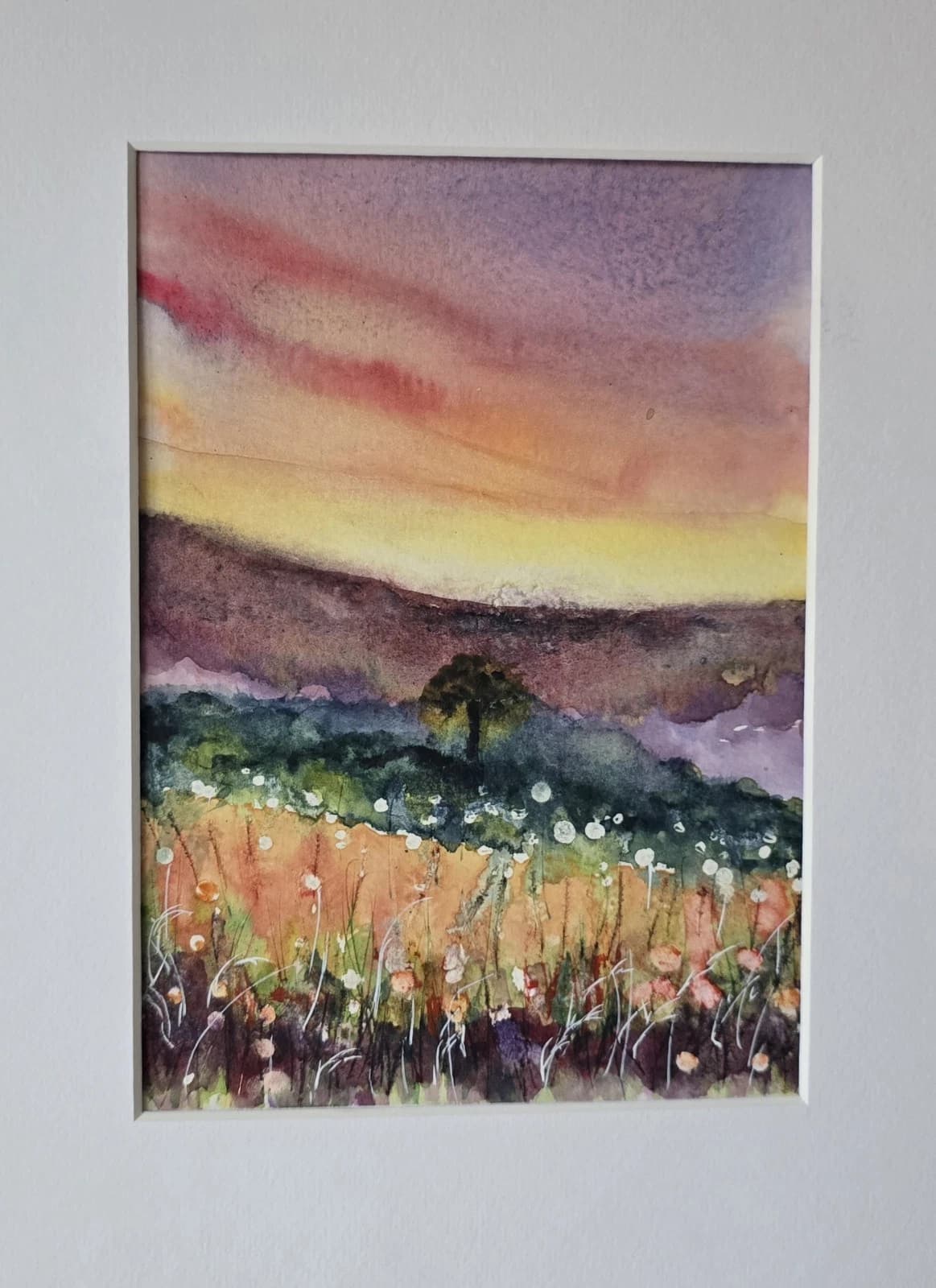 Landscape Hills Sunset Wildflowers Tree Watercolour Painting Framed thumbnail 9