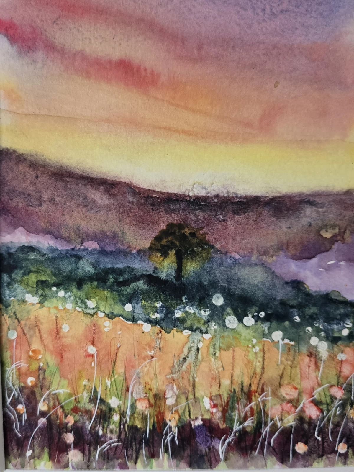 Landscape Hills Sunset Wildflowers Tree Watercolour Painting Framed thumbnail 10
