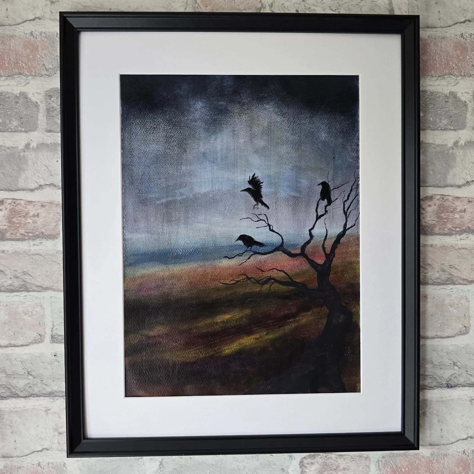 Landscape Pastel Painting Lake District Rain Crows Tree Gothic Framed