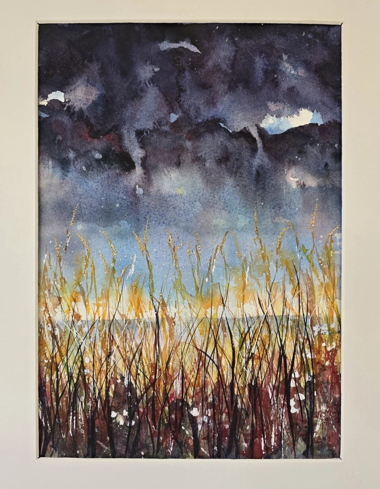 Landscape Watercolour Painting Stormy Sky Clouds Contemporary Framed thumbnail 2