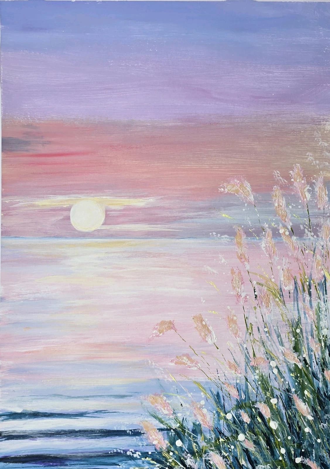 Large Acrylic Coastal Sunset Painting Framed Floral Gift