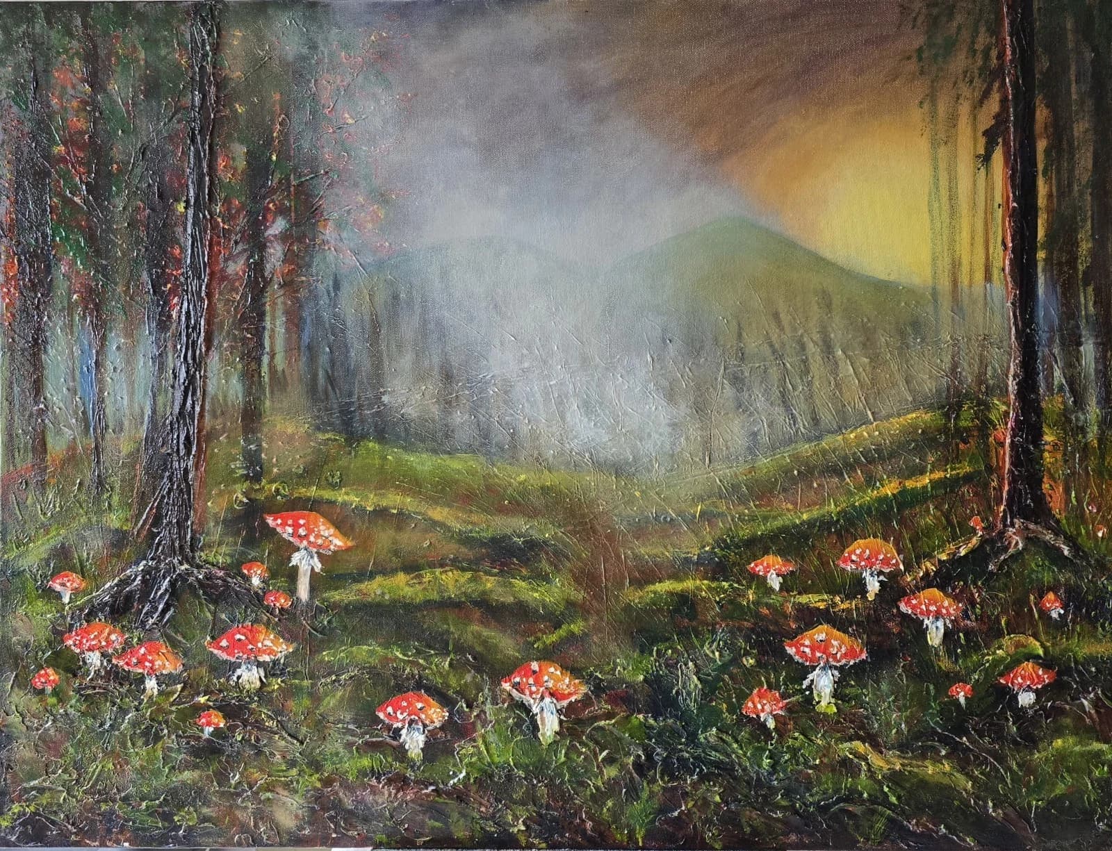Large Acrylic Painting Woodland Mushrooms Mystical Stunning Art Framed