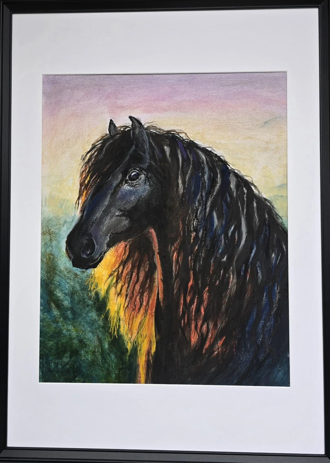 Large Pastel Ink Painting Black Horse Pony Head Dramatic thumbnail 2