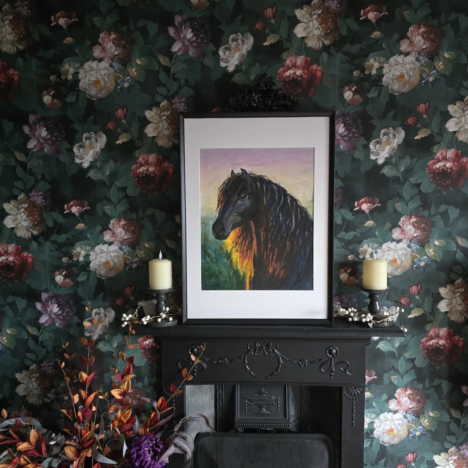 Large Pastel Ink Painting Black Horse Pony Head Dramatic thumbnail 11