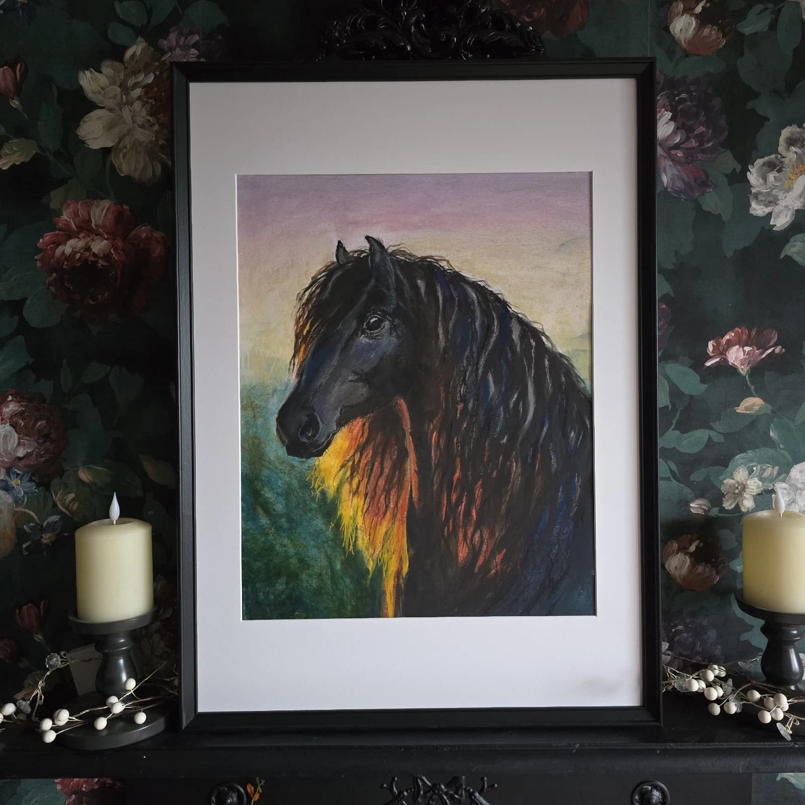 Large Pastel Ink Painting Black Horse Pony Head Dramatic thumbnail 12