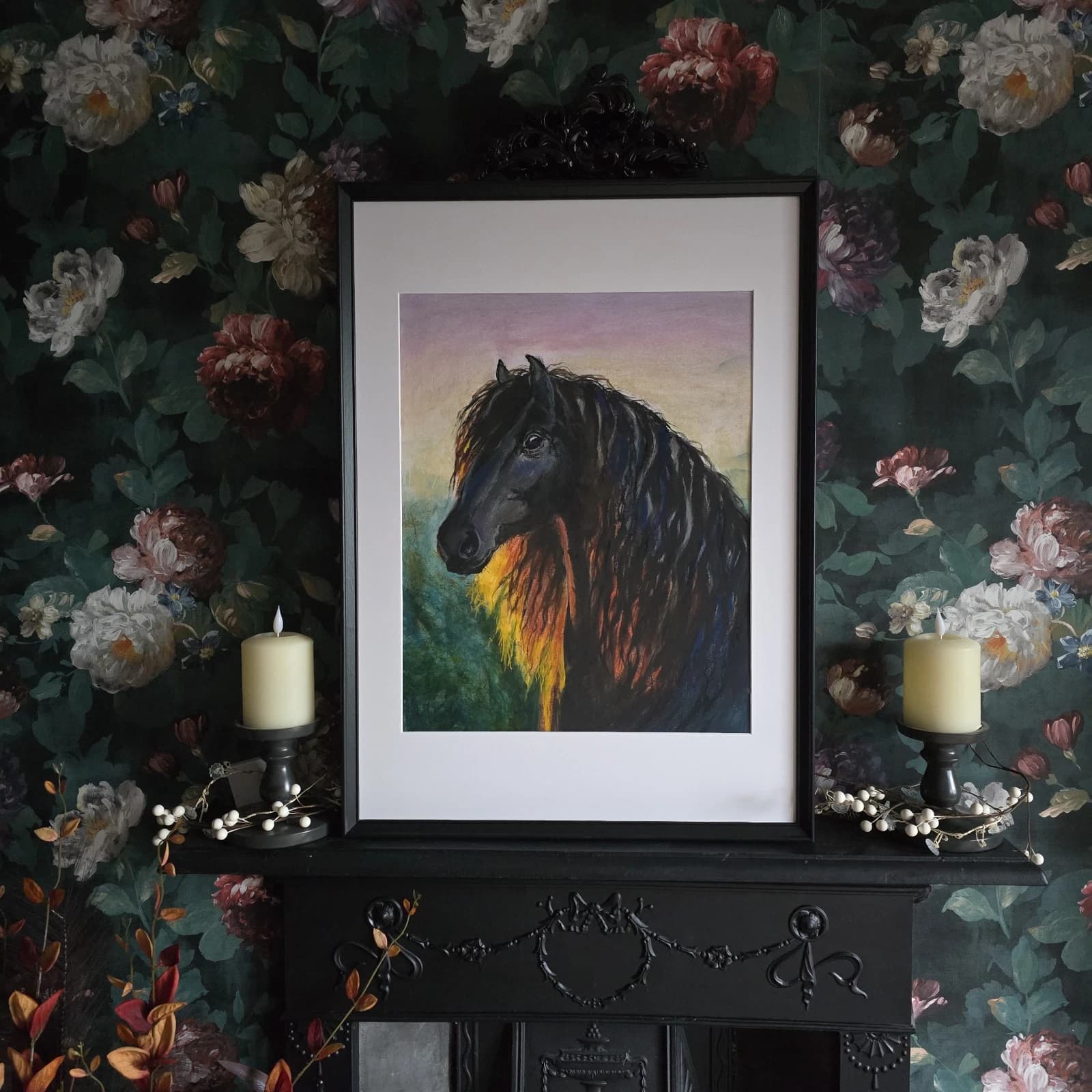 Large Pastel Ink Painting Black Horse Pony Head Dramatic thumbnail 13