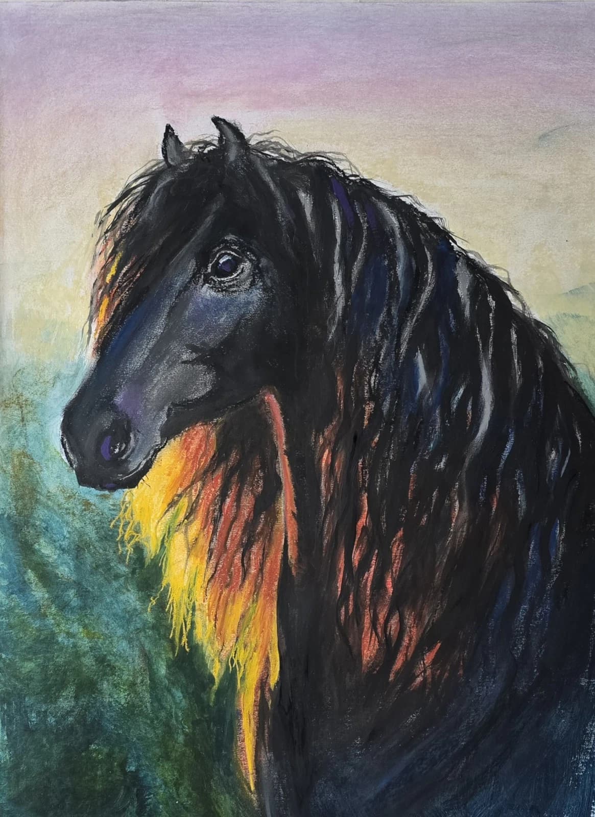 Large Pastel Ink Painting Black Horse Pony Head Dramatic thumbnail 14