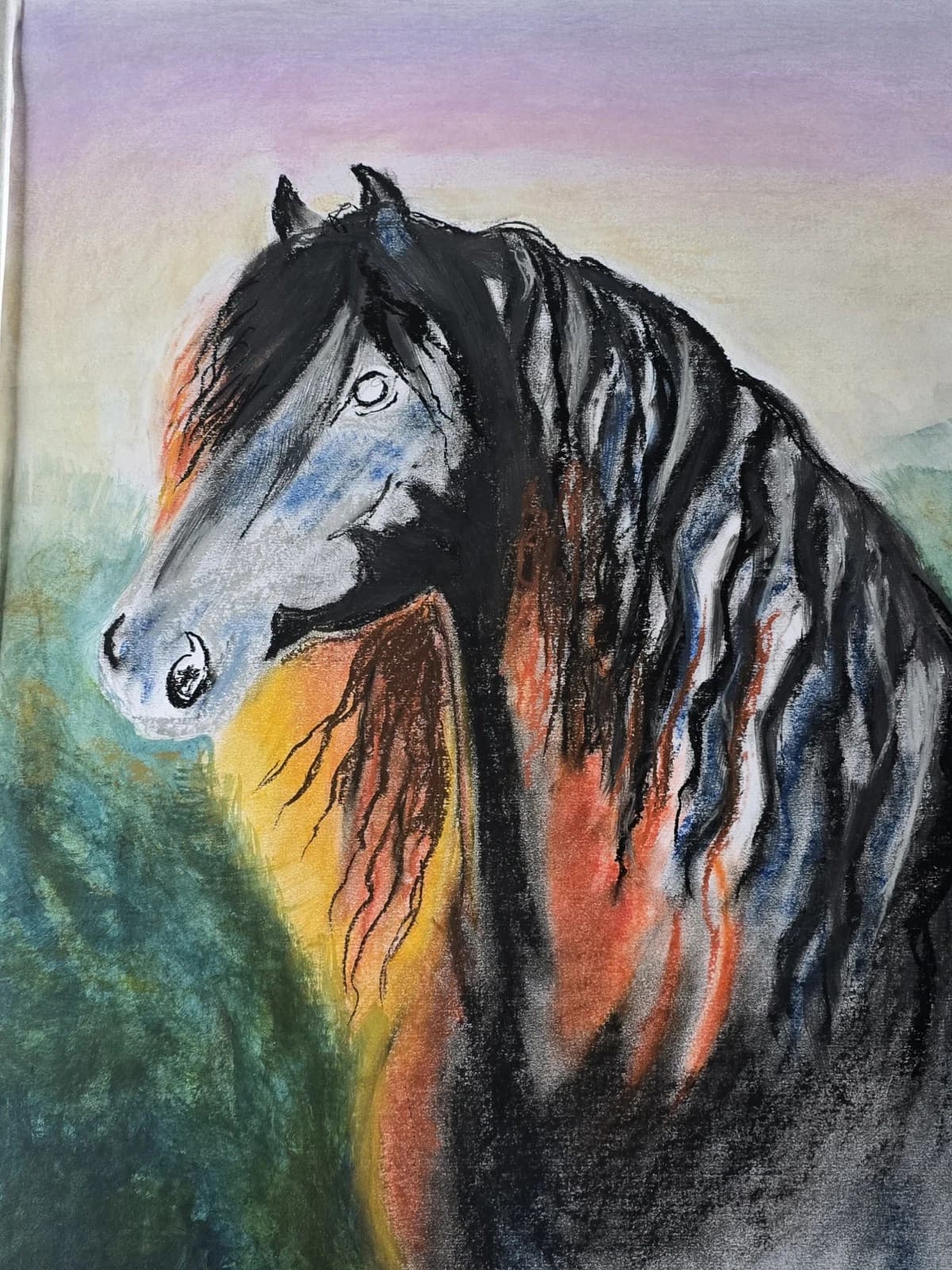 Large Pastel Ink Painting Black Horse Pony Head Dramatic thumbnail 15