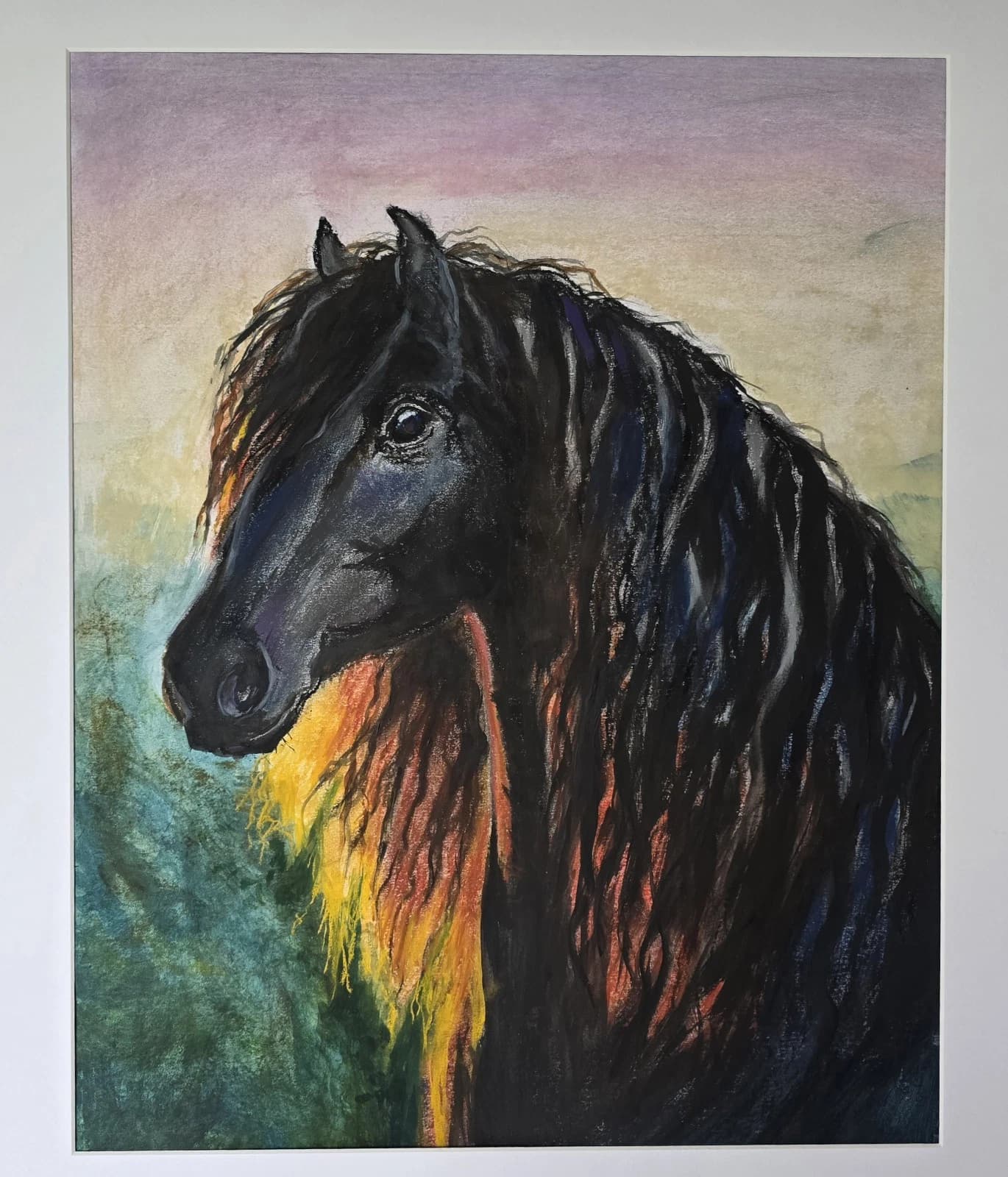 Large Pastel Ink Painting Black Horse Pony Head Dramatic thumbnail 16