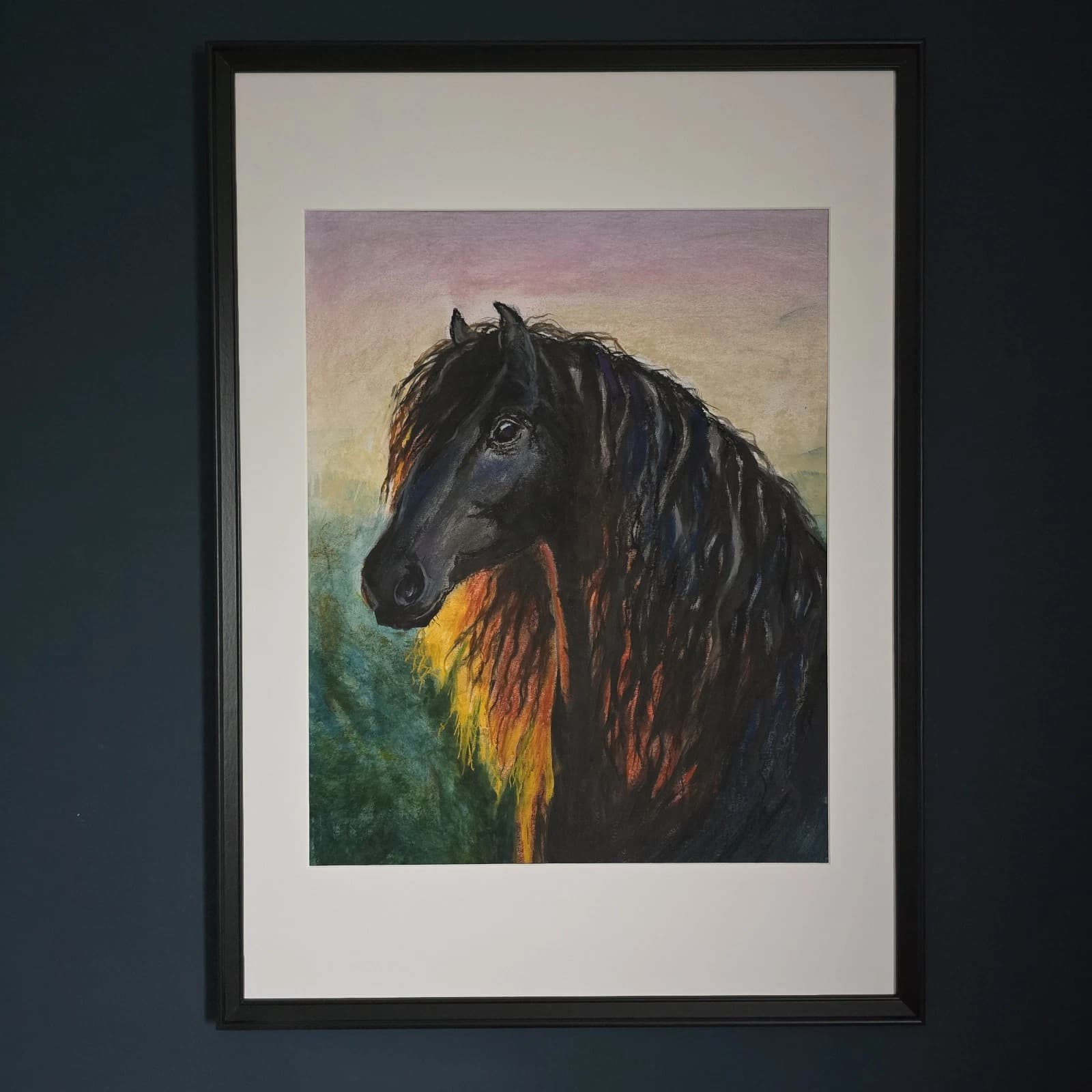 Large Pastel Ink Painting Black Horse Pony Head Dramatic thumbnail 3