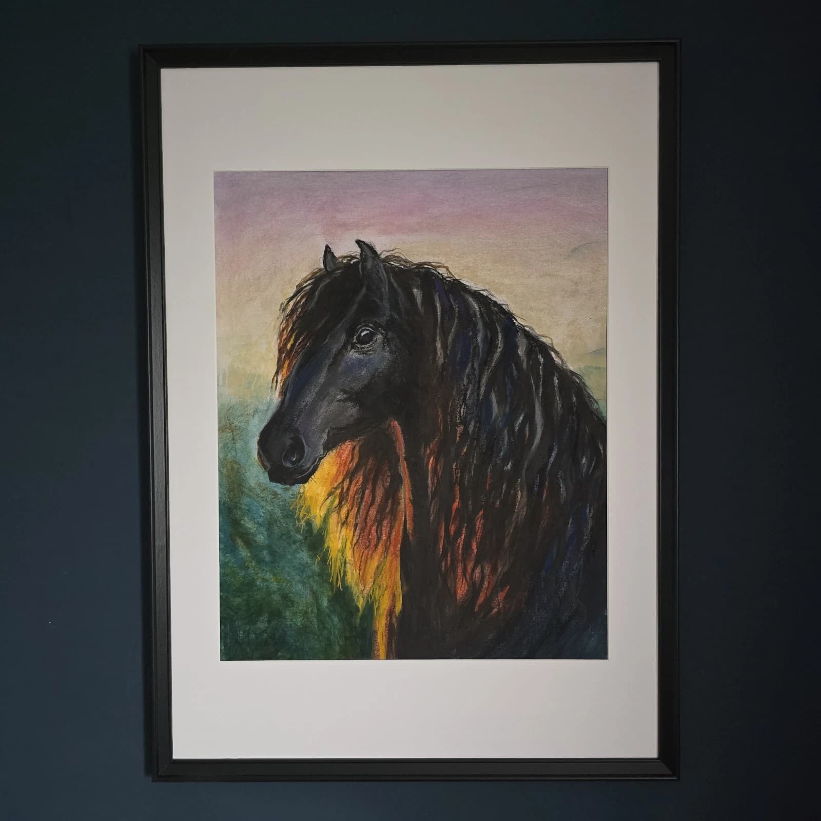 Large Pastel Ink Painting Black Horse Pony Head Dramatic thumbnail 4