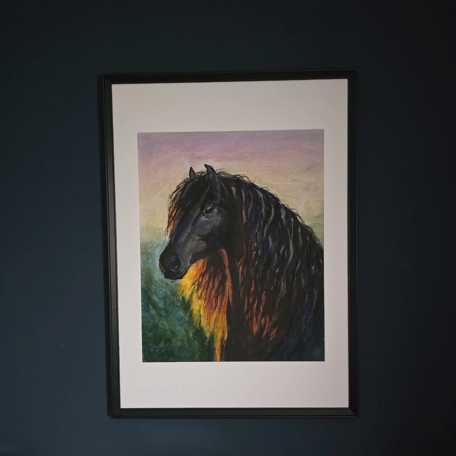Large Pastel Ink Painting Black Horse Pony Head Dramatic thumbnail 5