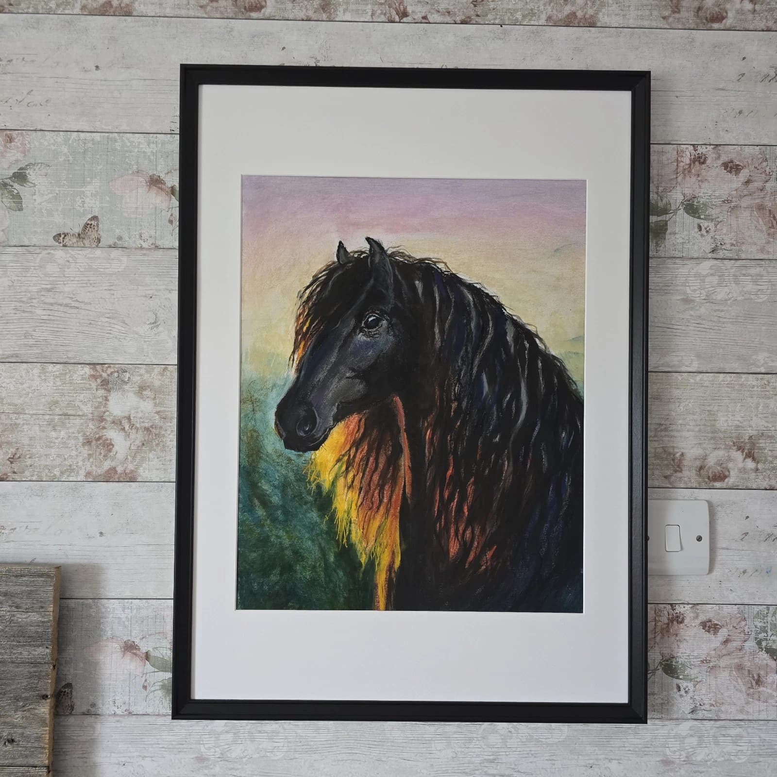 Large Pastel Ink Painting Black Horse Pony Head Dramatic thumbnail 6