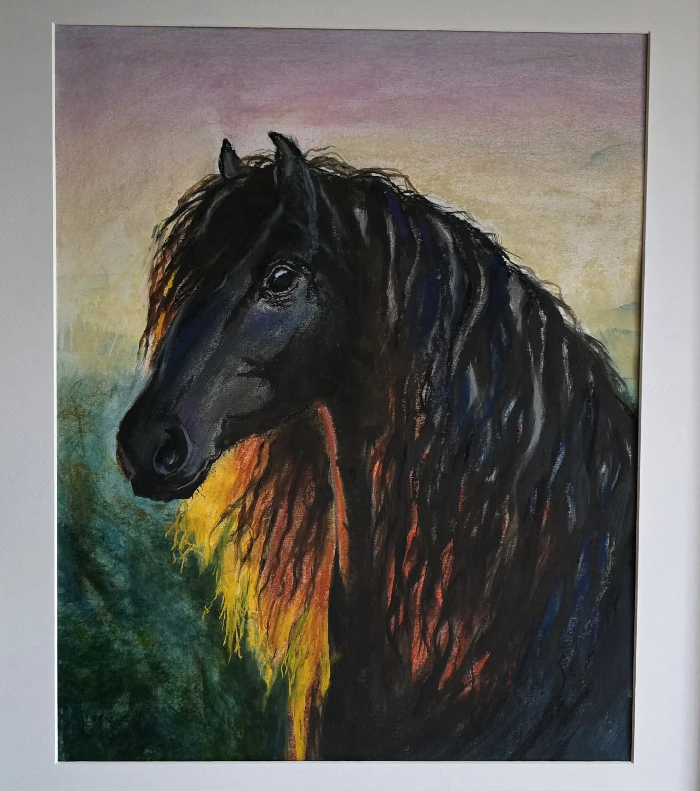 Large Pastel Ink Painting Black Horse Pony Head Dramatic thumbnail 7