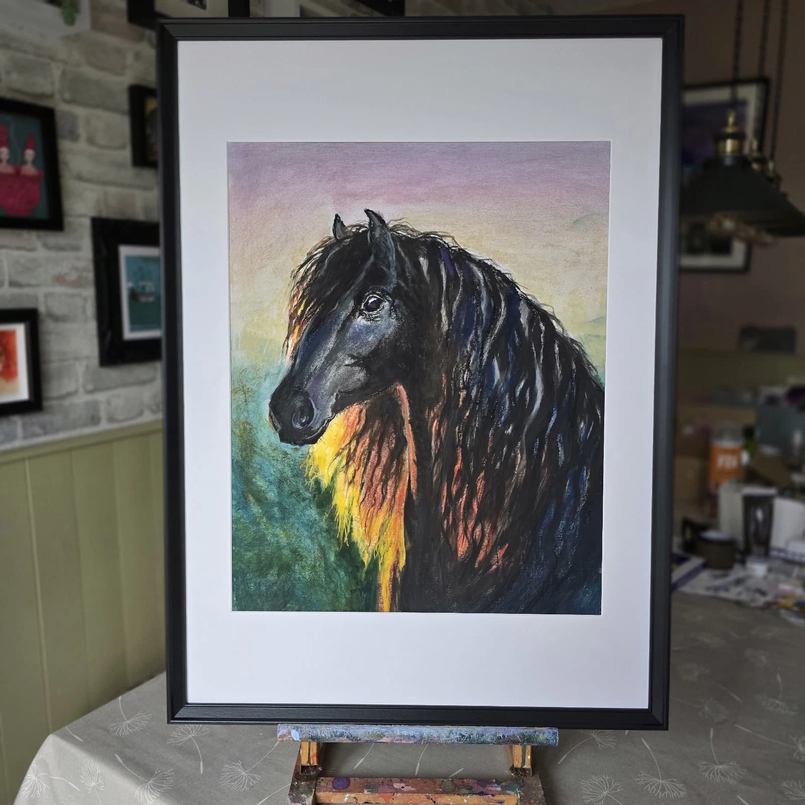 Large Pastel Ink Painting Black Horse Pony Head Dramatic thumbnail 8