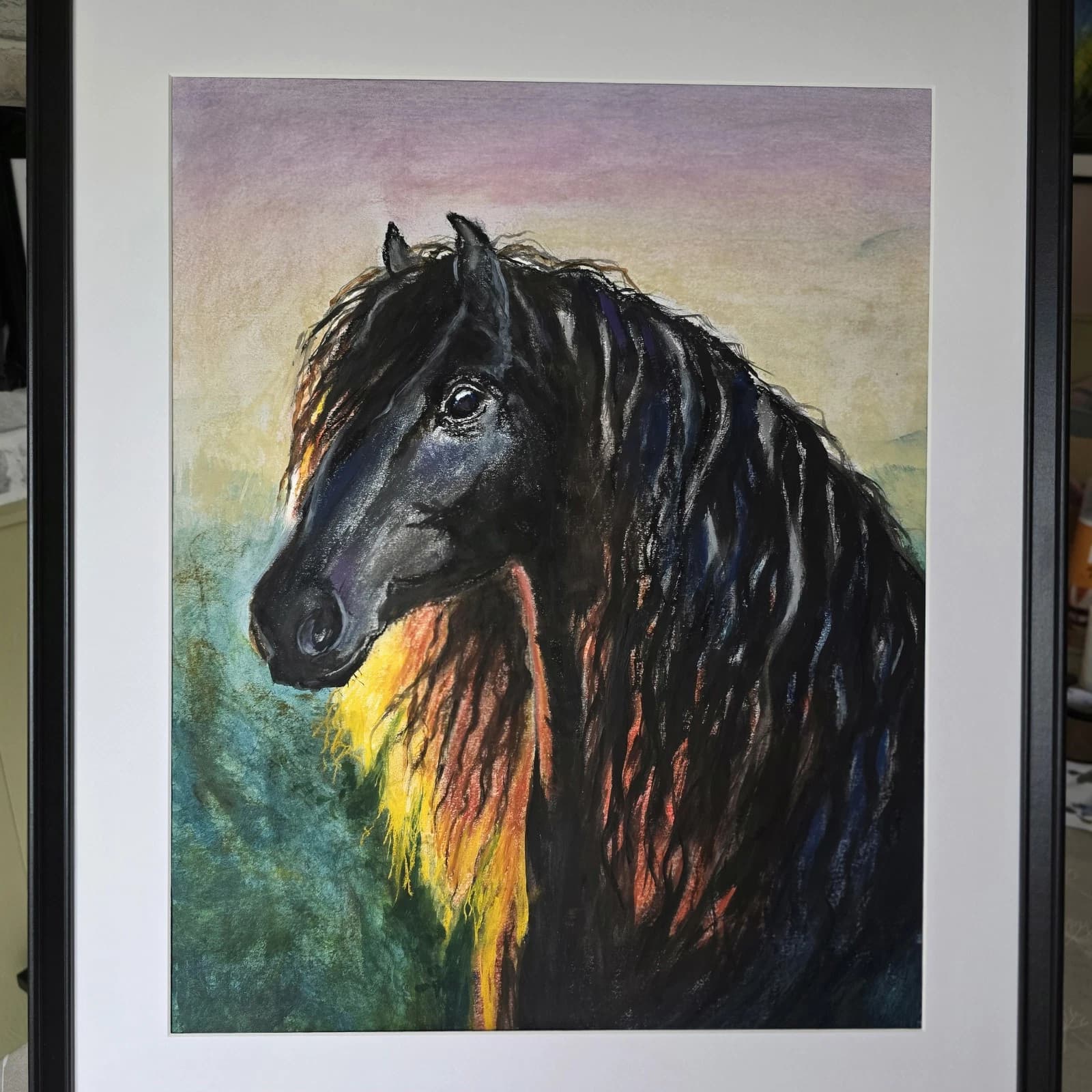 Large Pastel Ink Painting Black Horse Pony Head Dramatic thumbnail 9