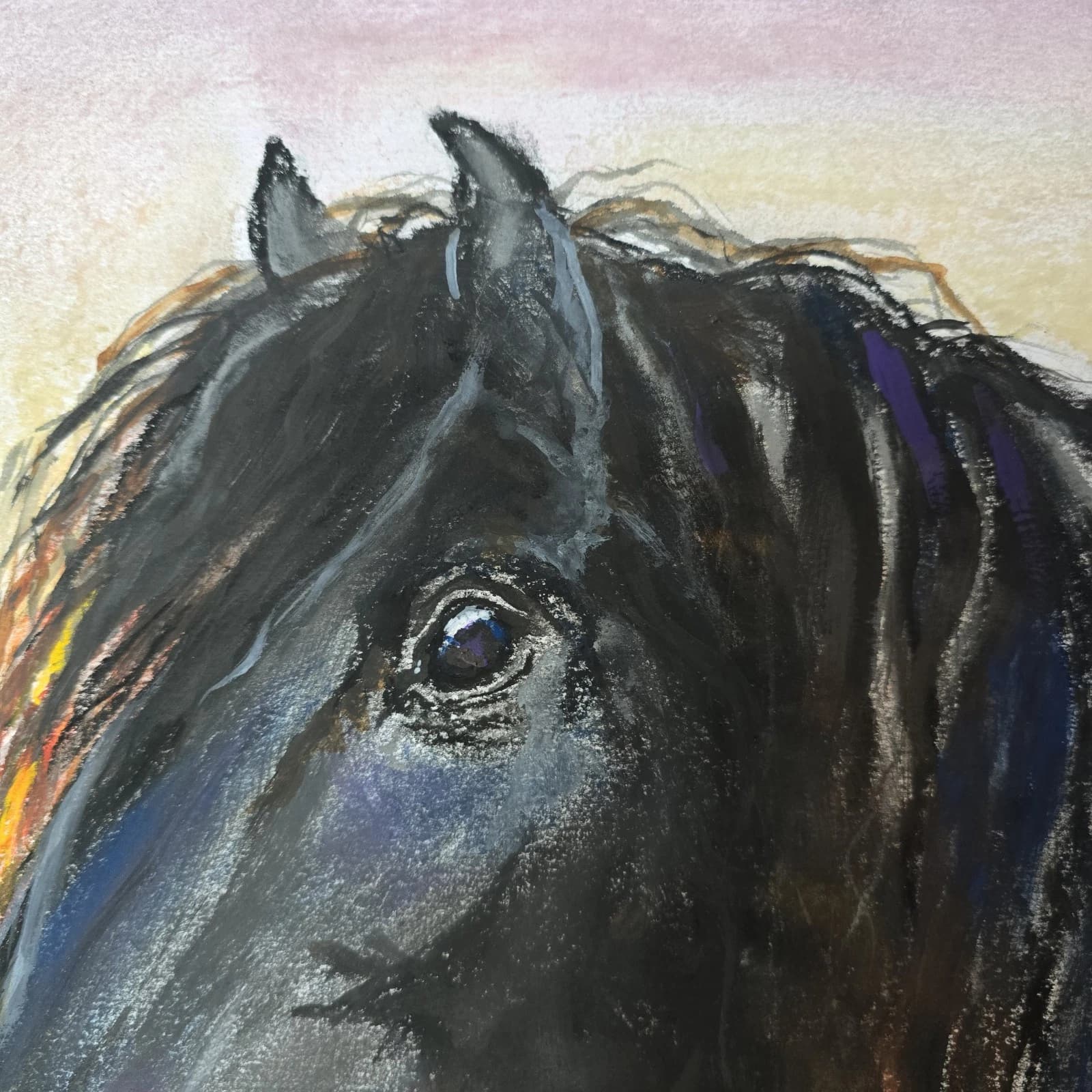 Large Pastel Ink Painting Black Horse Pony Head Dramatic thumbnail 10