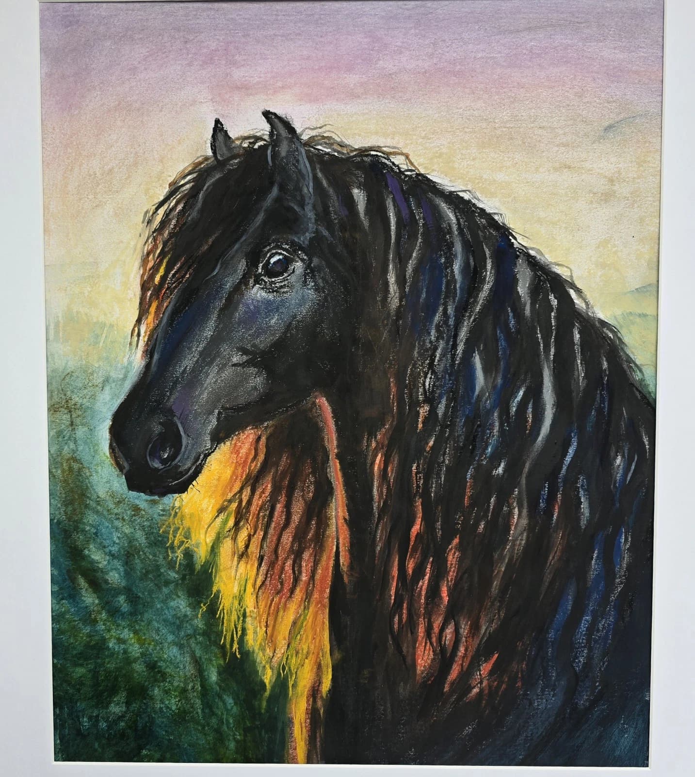 Large Pastel Ink Painting Black Horse Pony Head Dramatic