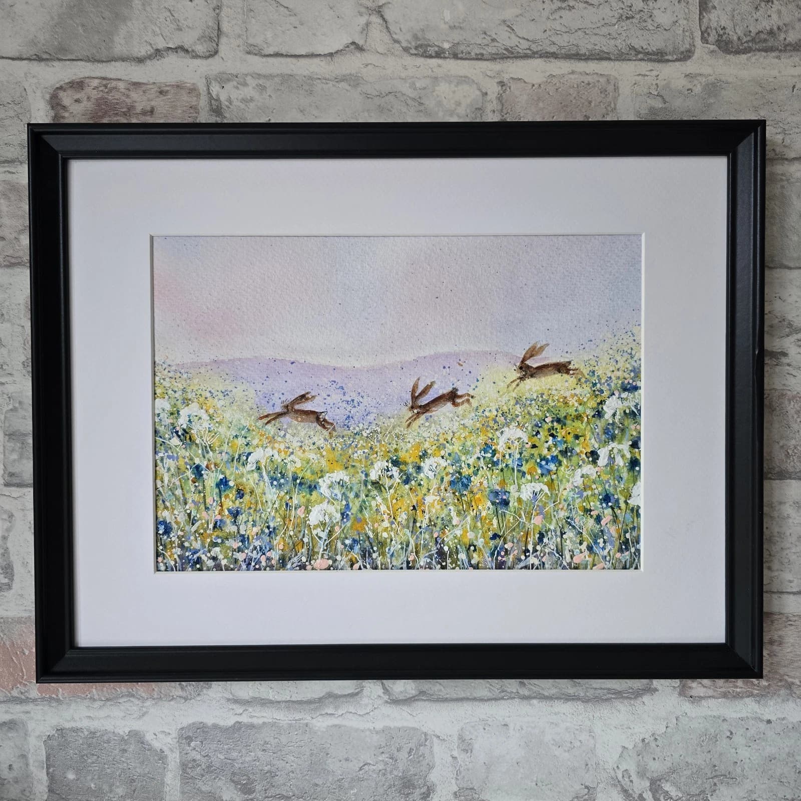 listingOriginal Painting Hares Landscape Framed