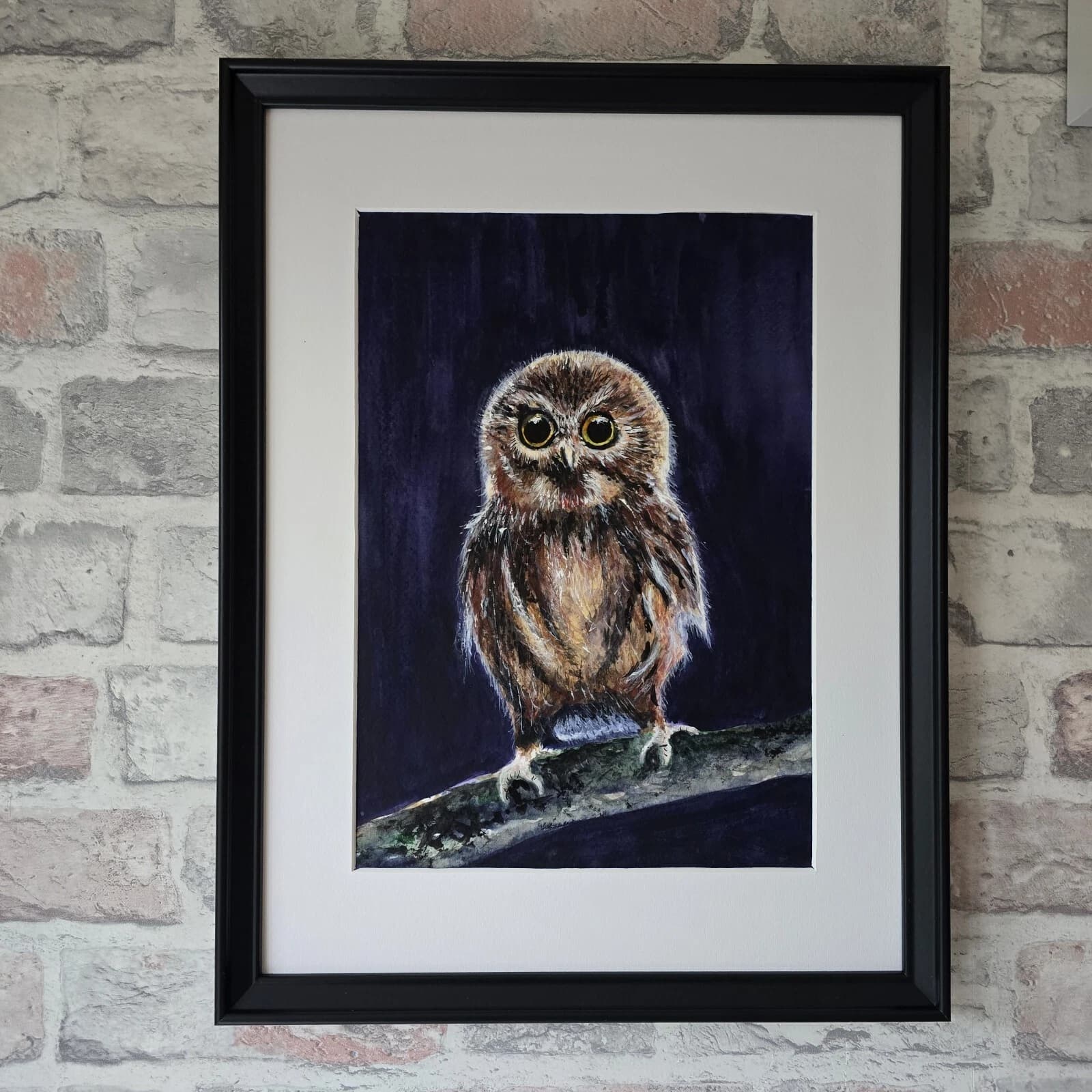 Little Owl Chick Watercolour Painting Framed Native Bird Wildlife thumbnail 3