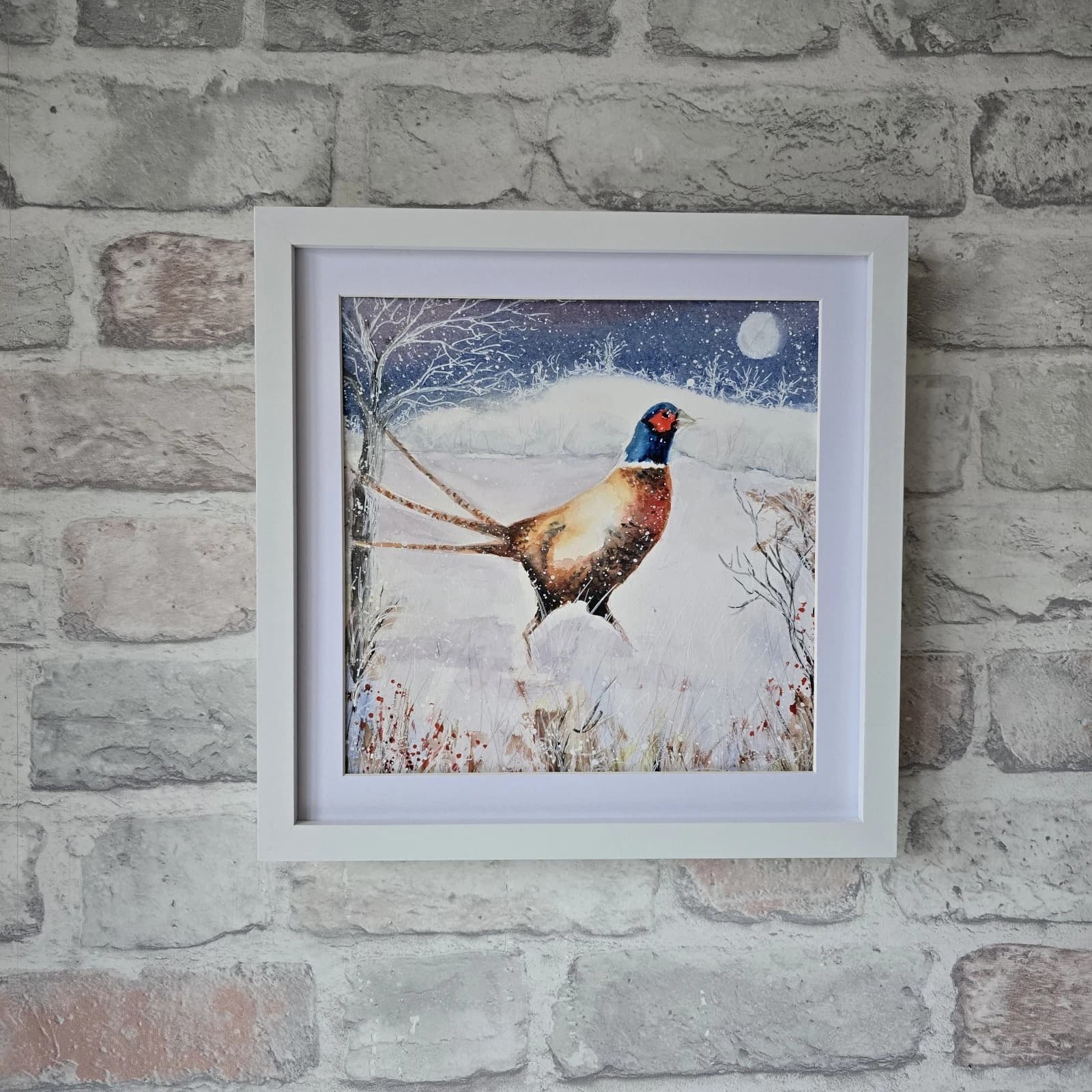 Pheasant Game Bird Watercolour Snow Winter Painting Gift Framed thumbnail 2