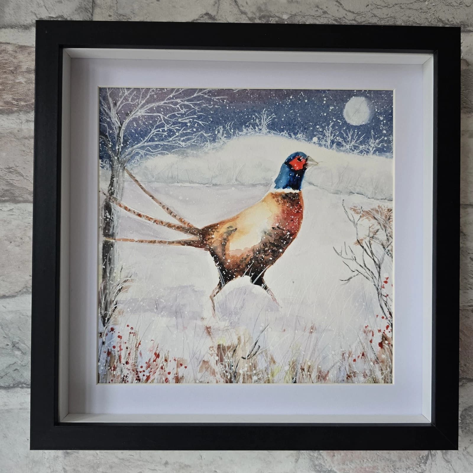 Pheasant Game Bird Watercolour Snow Winter Painting Gift Framed thumbnail 17