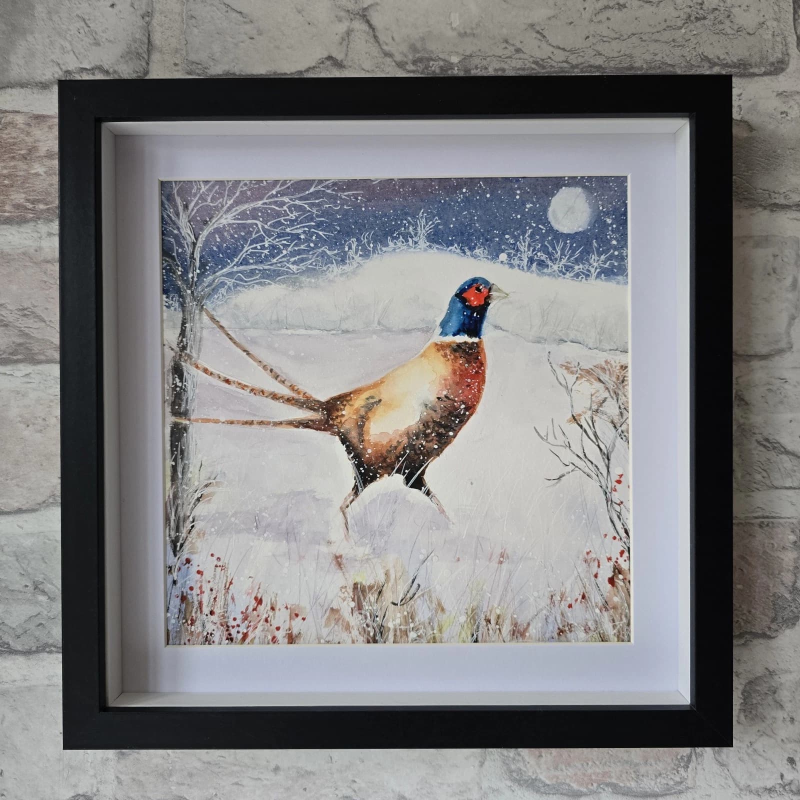 Pheasant Game Bird Watercolour Snow Winter Painting Gift Framed thumbnail 18