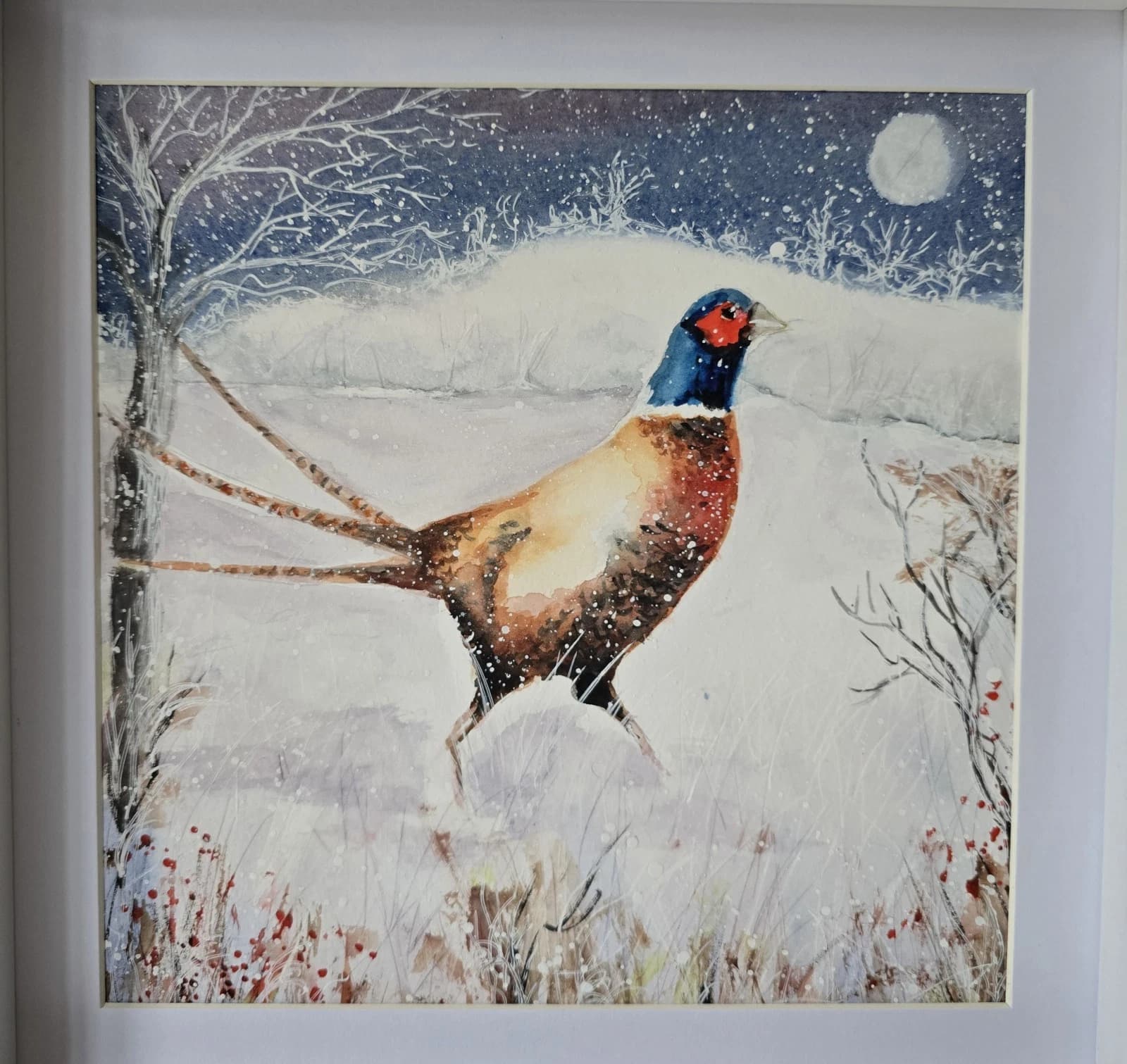 Pheasant Game Bird Watercolour Snow Winter Painting Gift Framed thumbnail 19