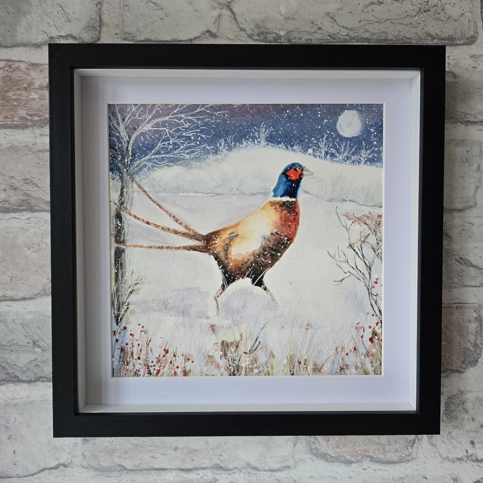 Pheasant Game Bird Watercolour Snow Winter Painting Gift Framed thumbnail 23