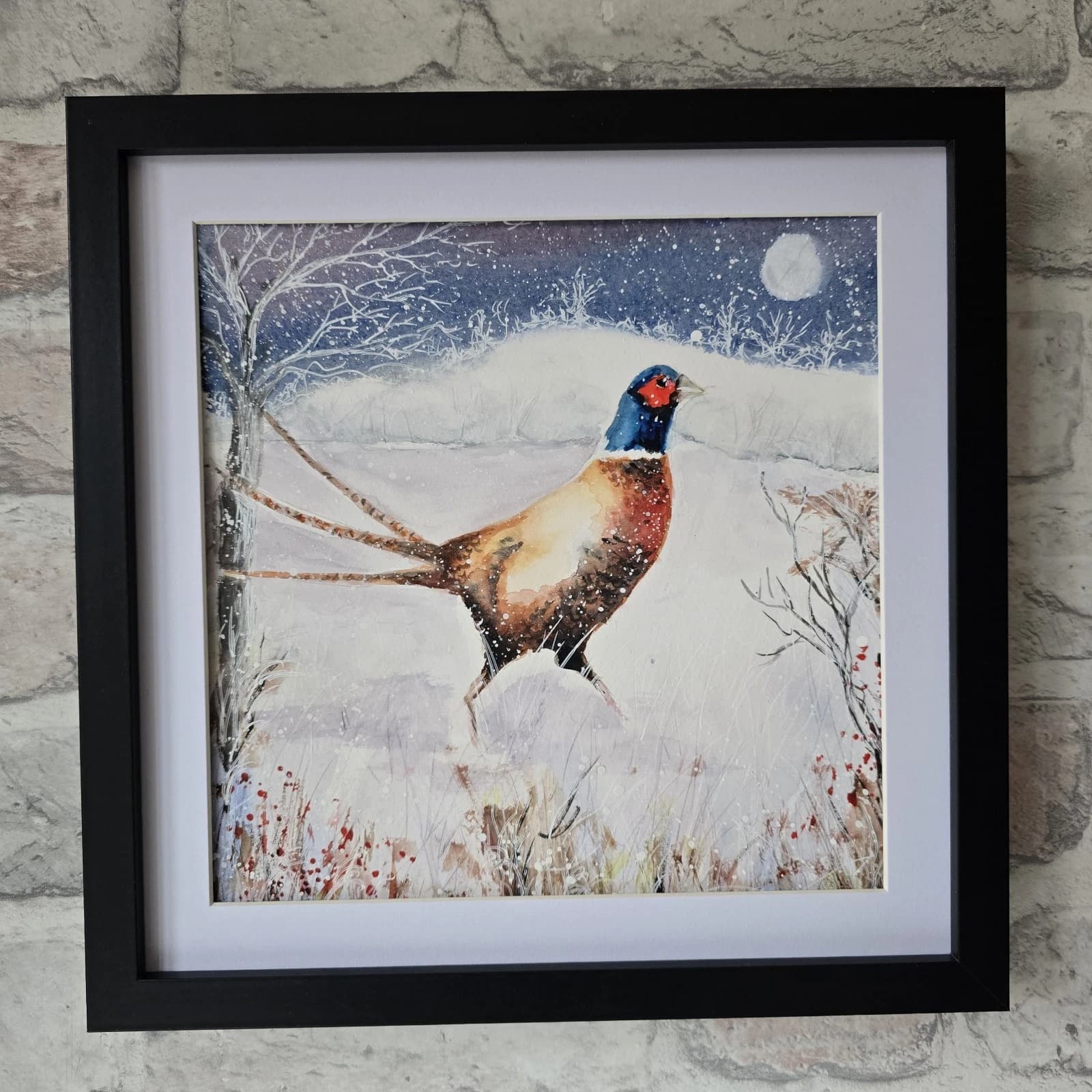 Pheasant Game Bird Watercolour Snow Winter Painting Gift Framed thumbnail 24