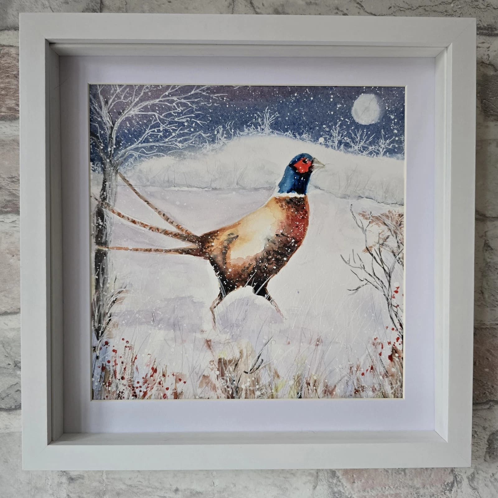 Pheasant Game Bird Watercolour Snow Winter Painting Gift Framed thumbnail 7