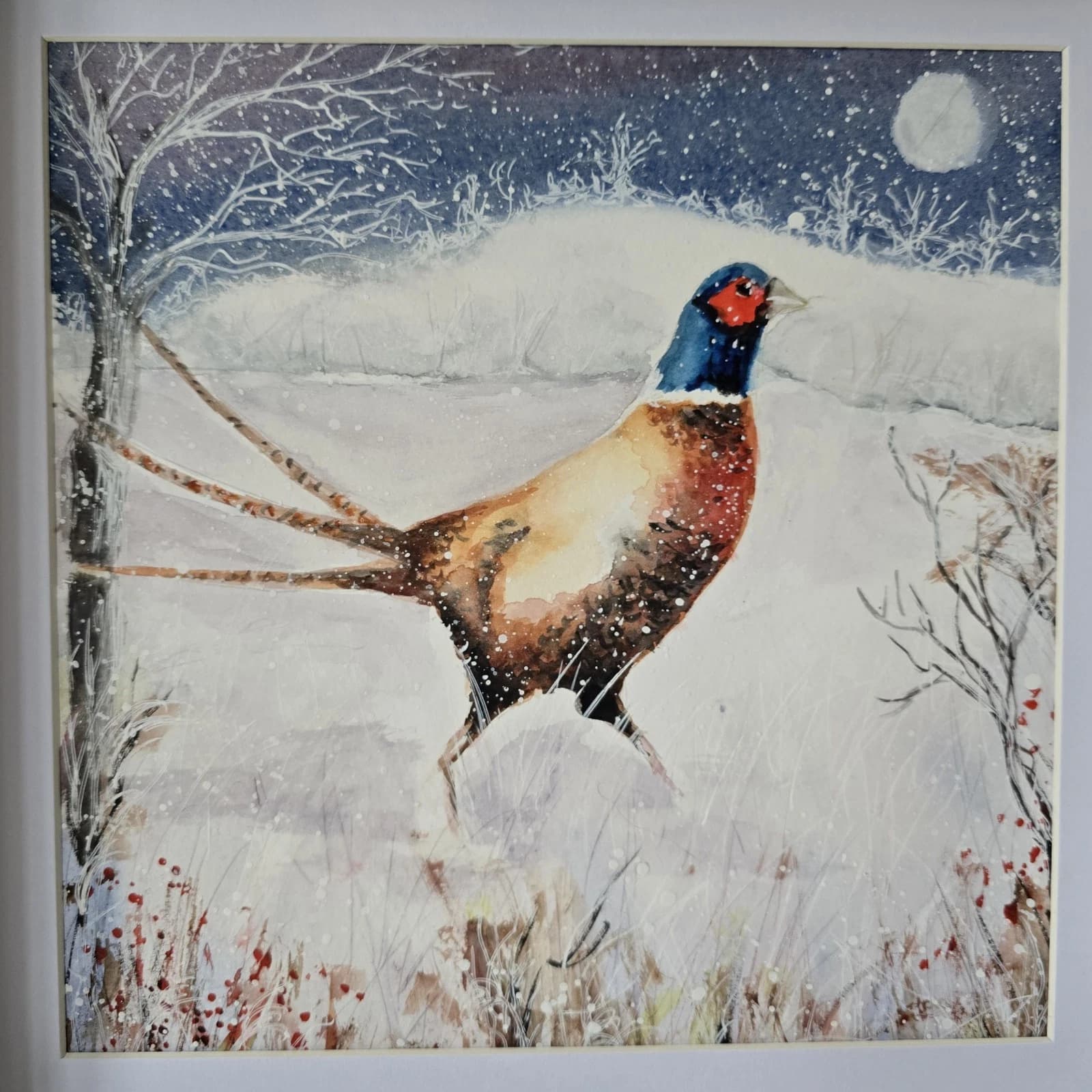 Pheasant Game Bird Watercolour Snow Winter Painting Gift Framed thumbnail 8