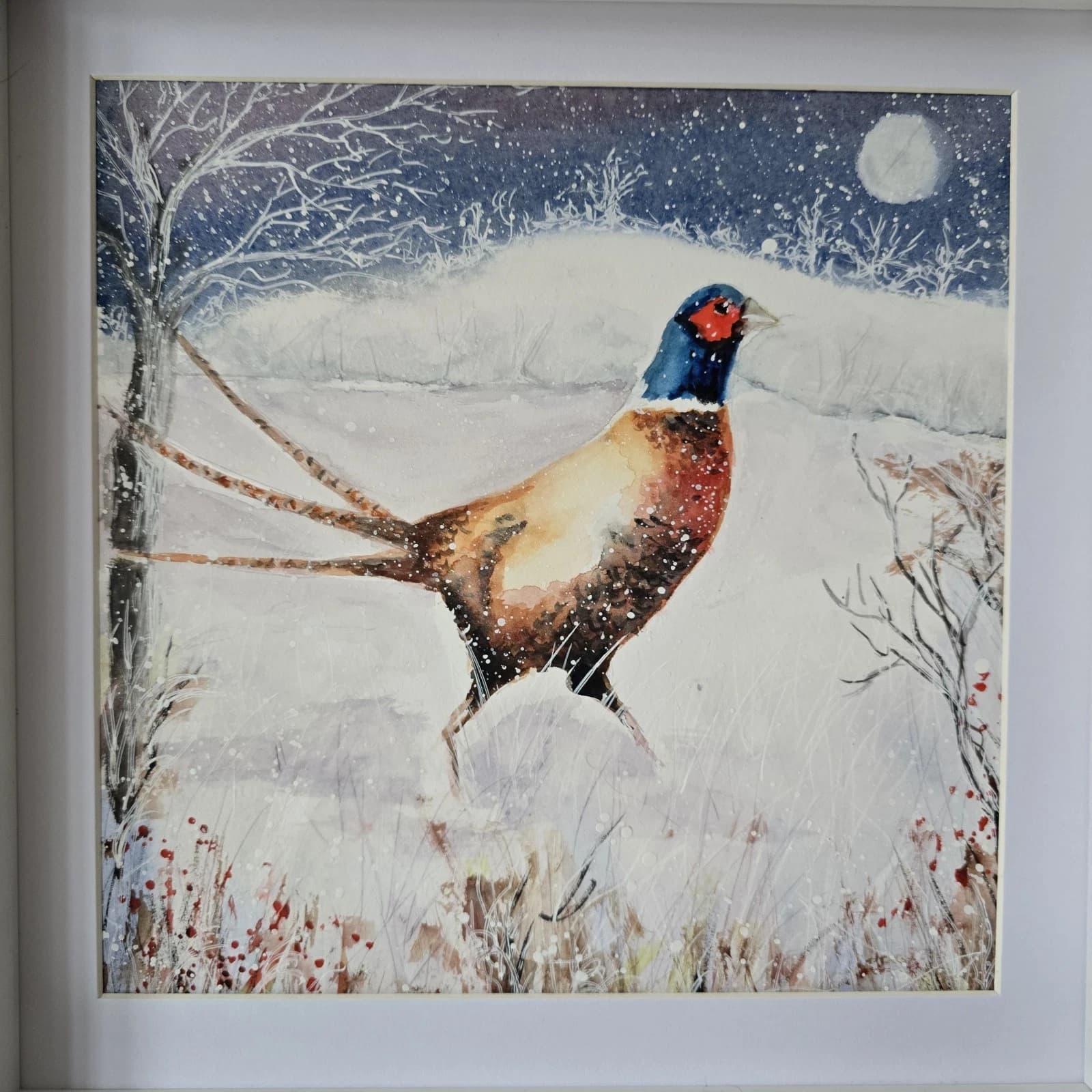 Pheasant Game Bird Watercolour Snow Winter Painting Gift Framed thumbnail 9