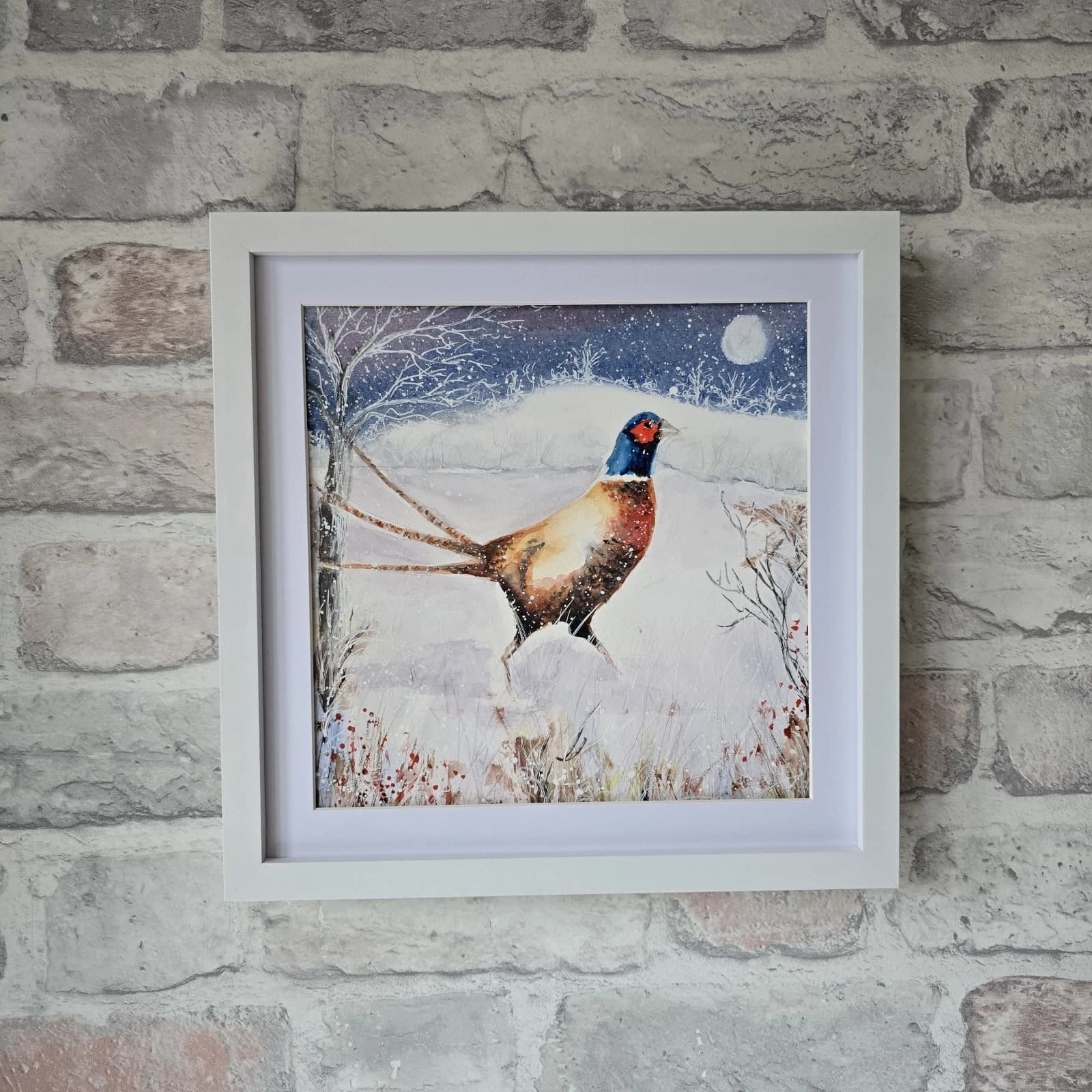 Pheasant Game Bird Watercolour Snow Winter Painting Gift Framed thumbnail 10