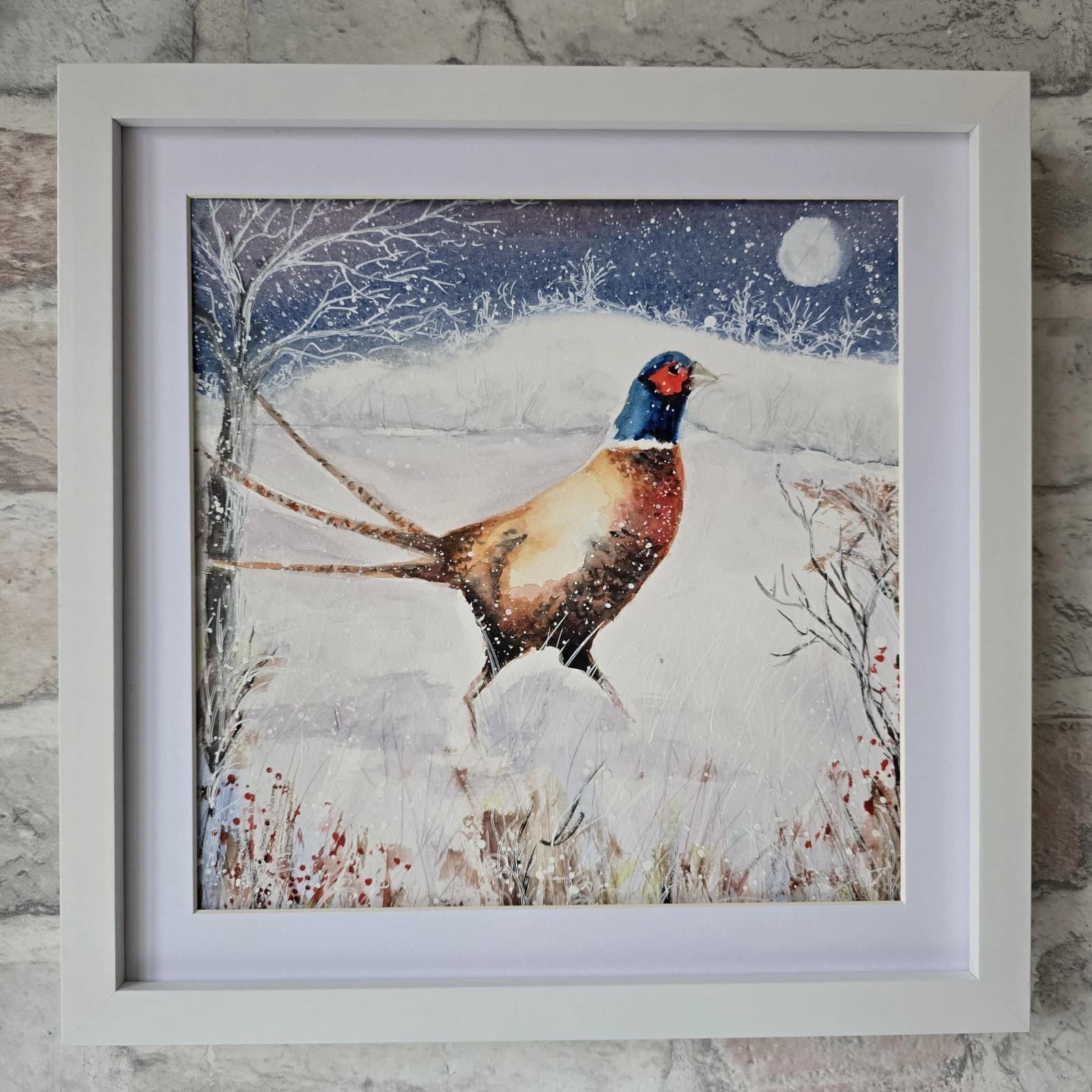 Pheasant Game Bird Watercolour Snow Winter Painting Gift Framed