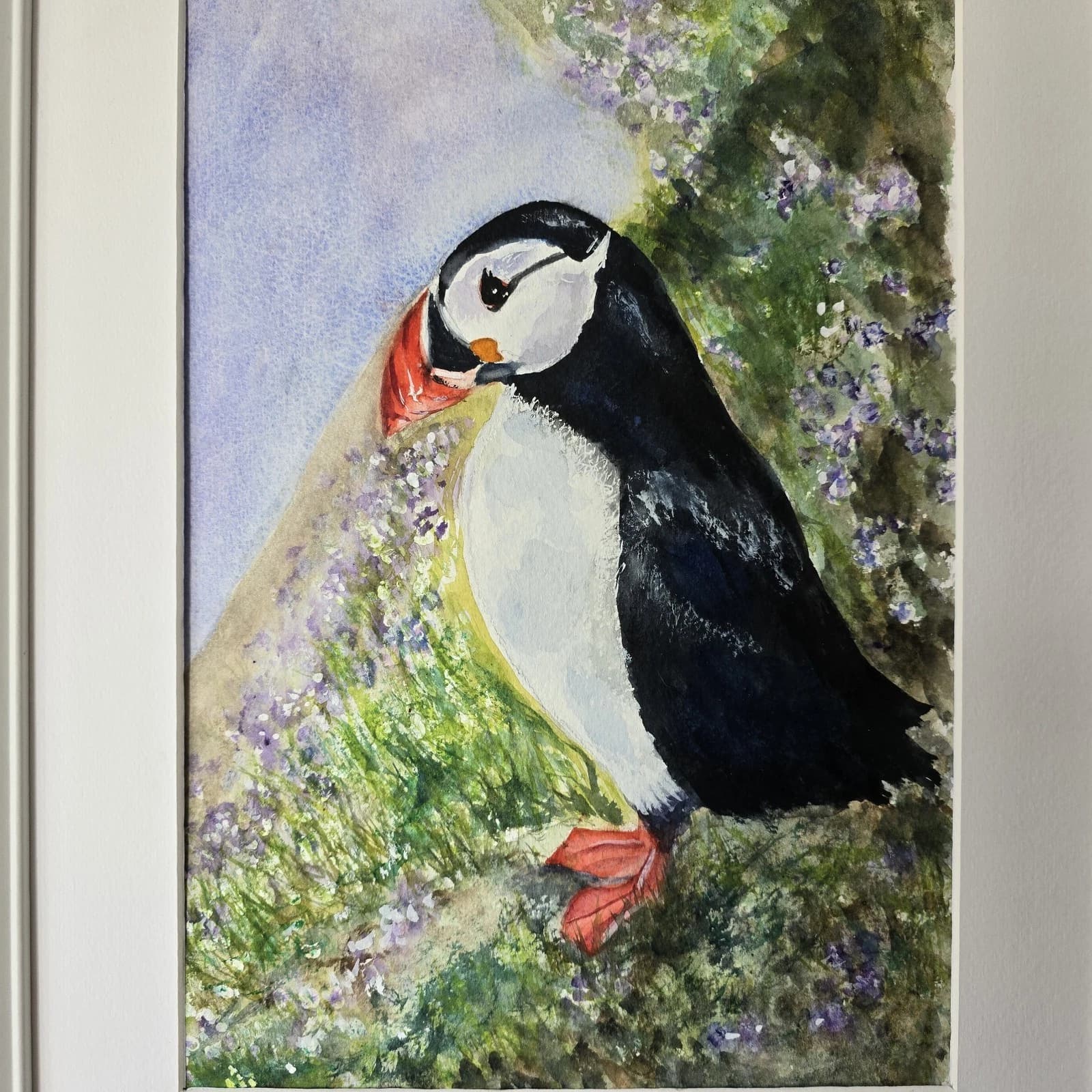 Puffin Watercolour Painting Wildlife Gift Framed thumbnail 2