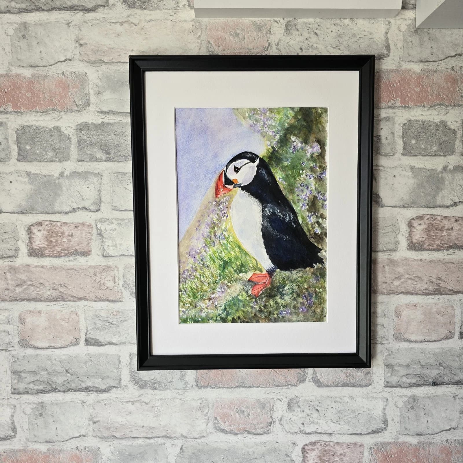 Puffin Watercolour Painting Wildlife Gift Framed thumbnail 3