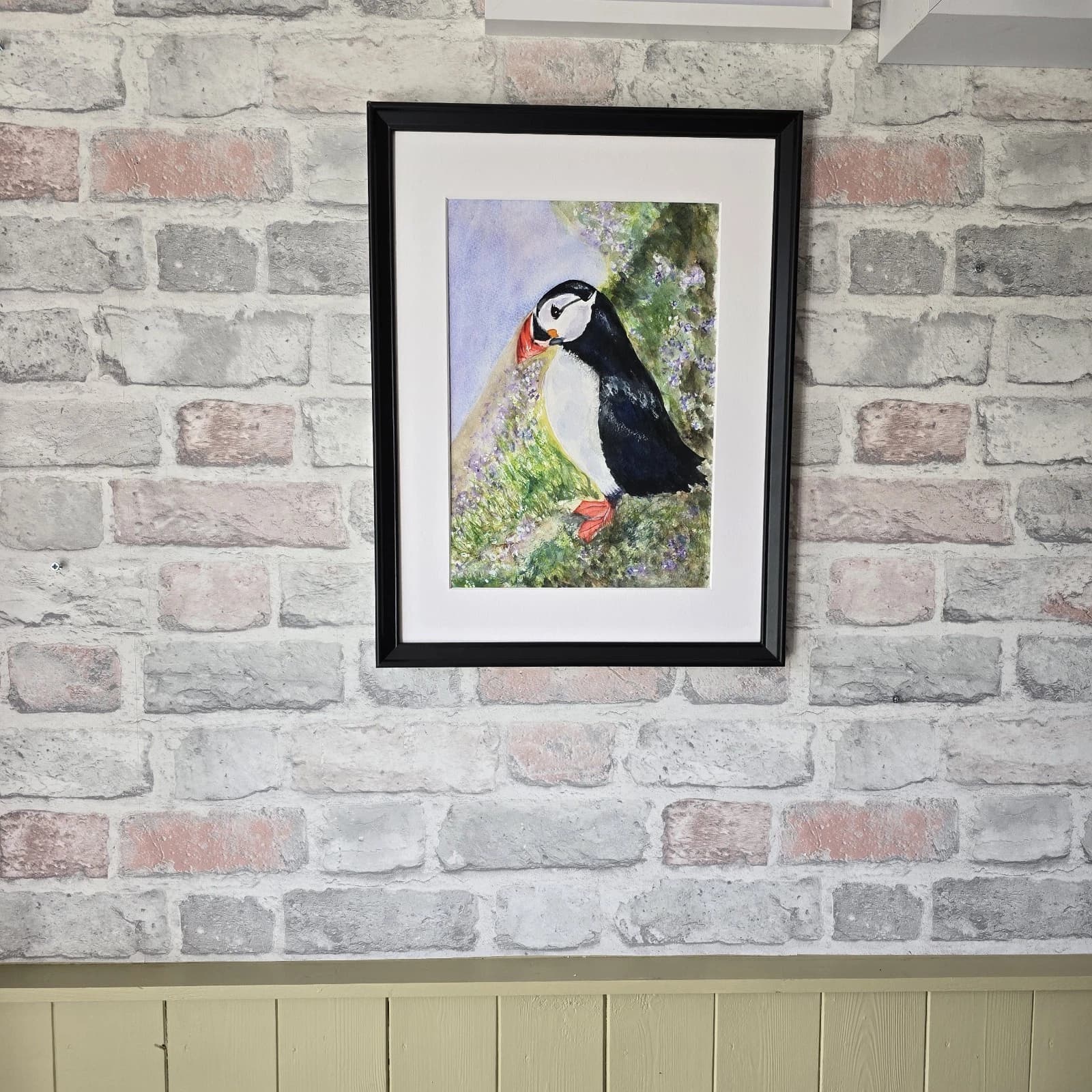 Puffin Watercolour Painting Wildlife Gift Framed thumbnail 4