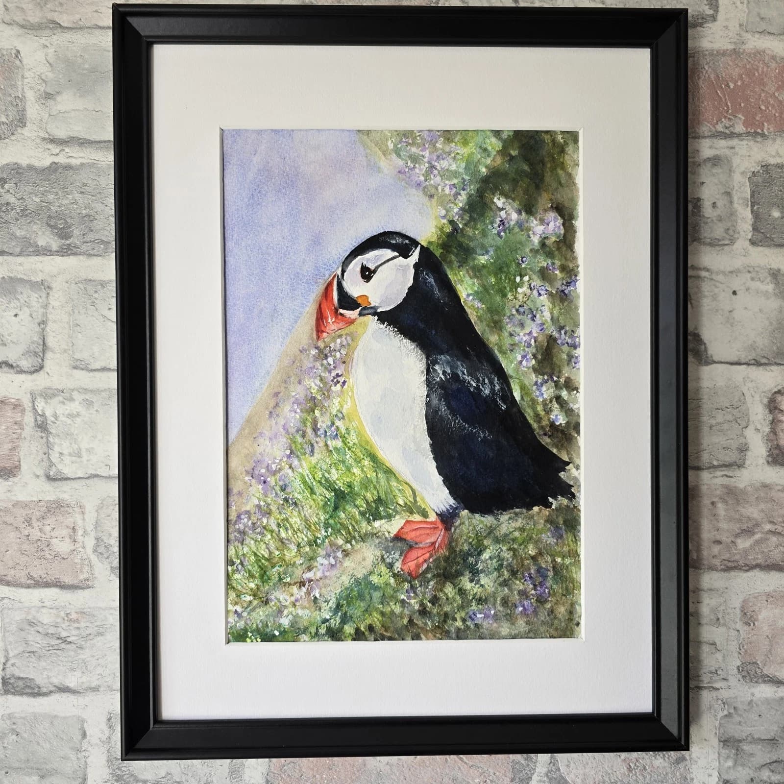 Puffin Watercolour Painting Wildlife Gift Framed thumbnail 5