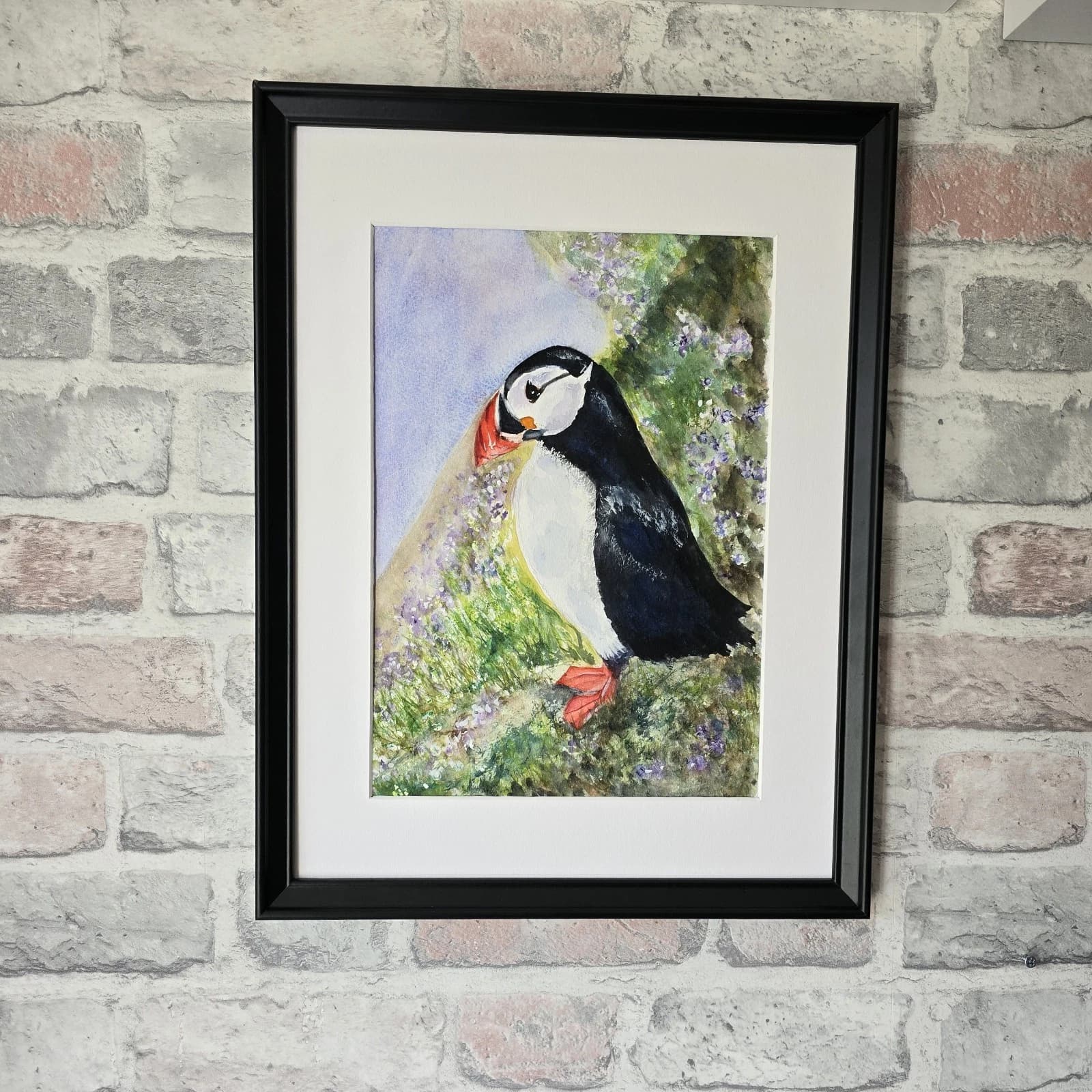 Puffin Watercolour Painting Wildlife Gift Framed thumbnail 6