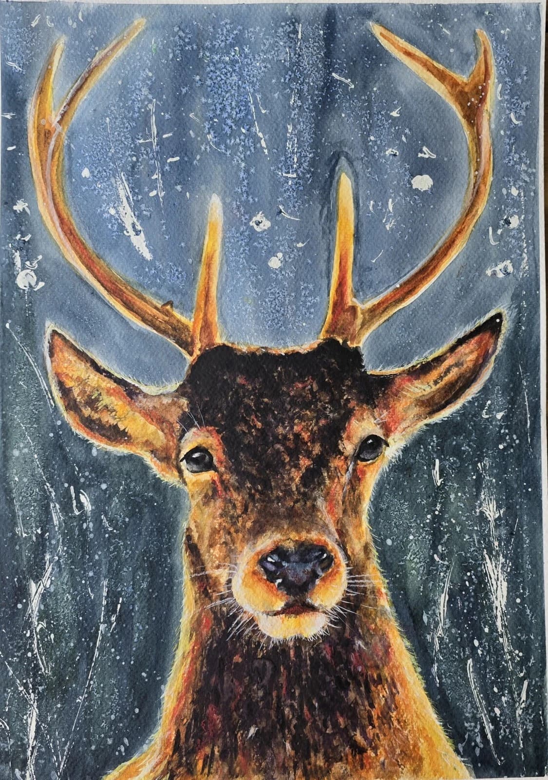 Red Deer Stag Portrait Head Watercolour Painting Wildlife