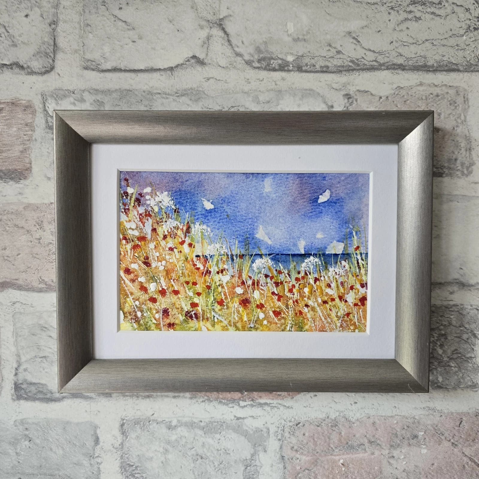 Small Coastal Floral Sunny Landscape Watercolour Painting Framed thumbnail 2