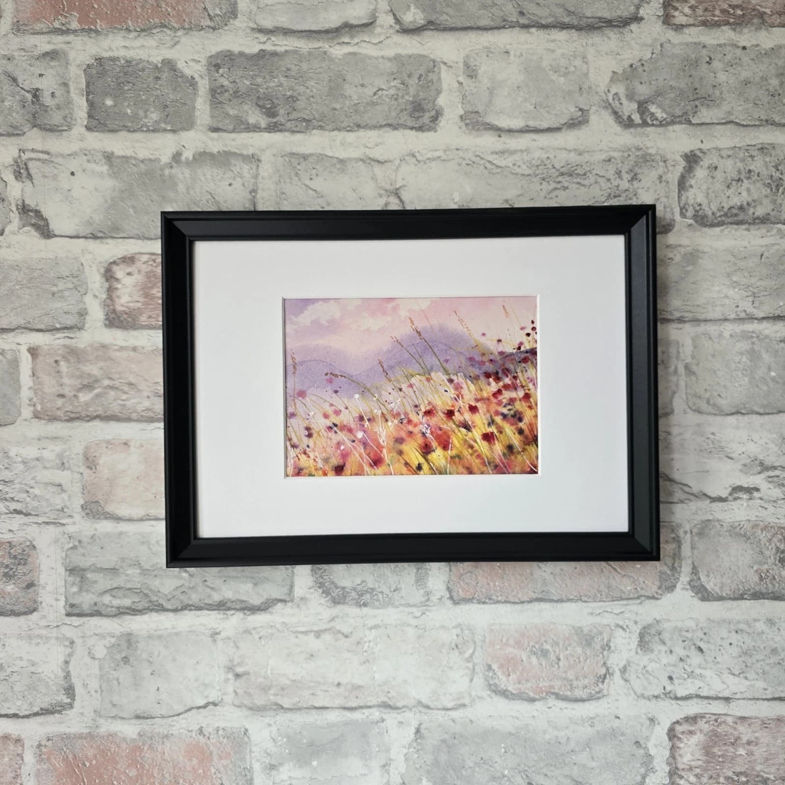 Small Landscape Hills Wildflowers Sunny Watercolour Painting Framed thumbnail 2