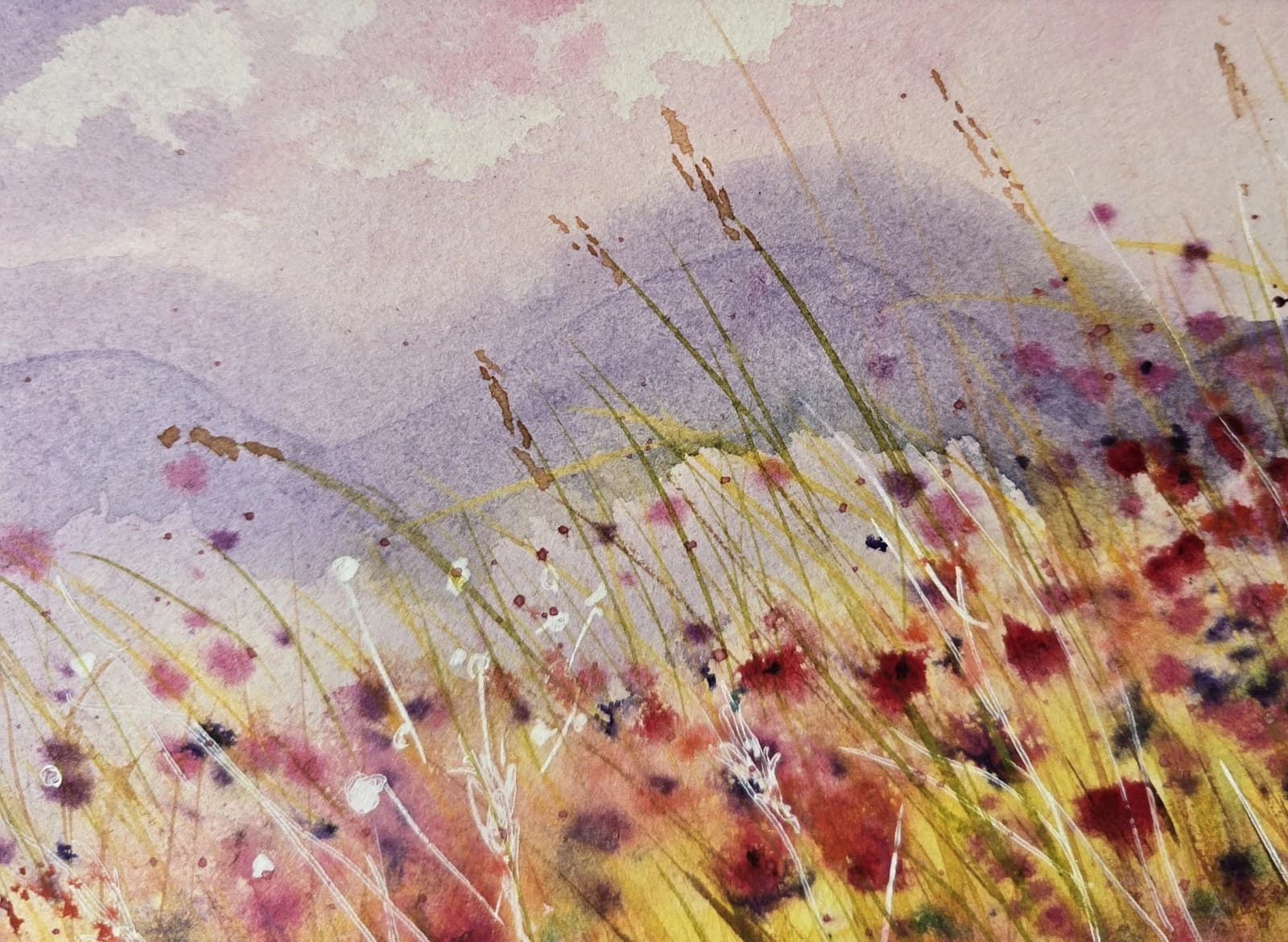 Small Landscape Hills Wildflowers Sunny Watercolour Painting Framed thumbnail 11