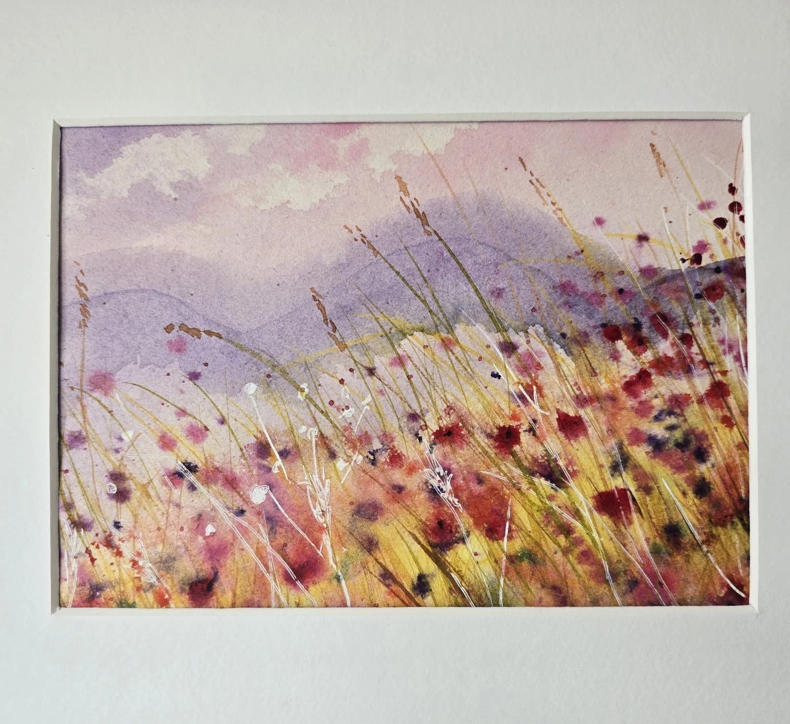 Small Landscape Hills Wildflowers Sunny Watercolour Painting Framed thumbnail 12