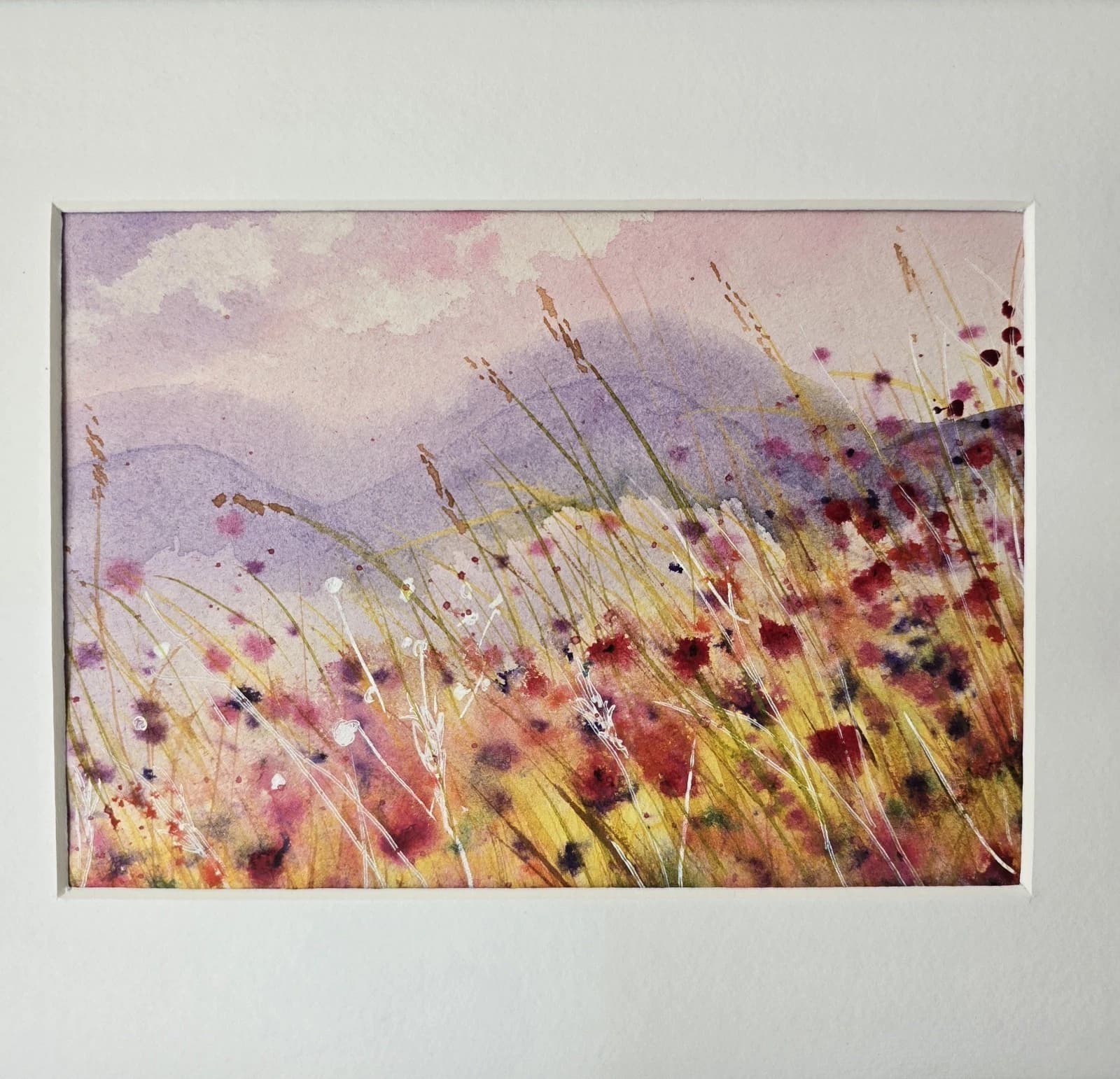 Small Landscape Hills Wildflowers Sunny Watercolour Painting Framed thumbnail 13