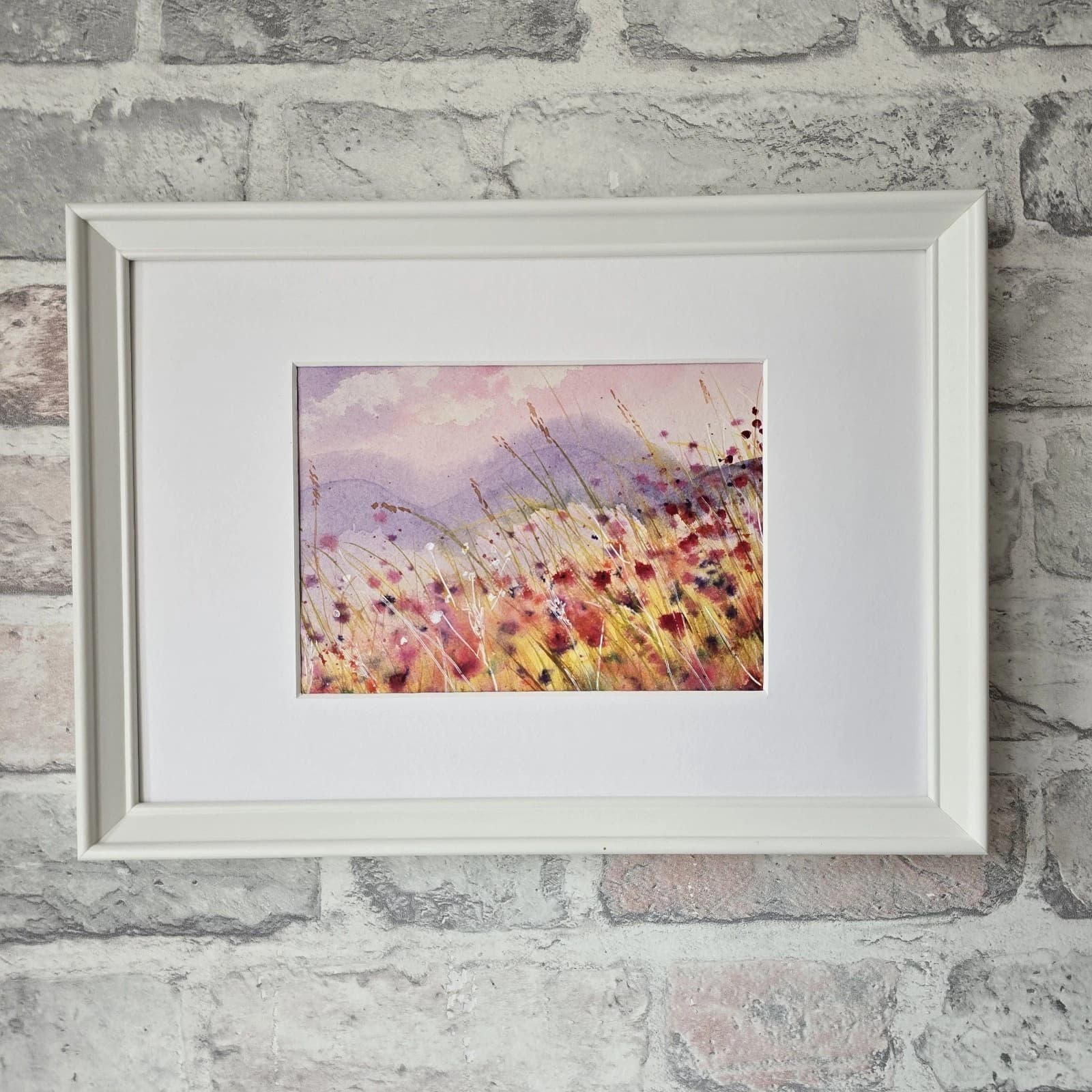 Small Landscape Hills Wildflowers Sunny Watercolour Painting Framed thumbnail 4